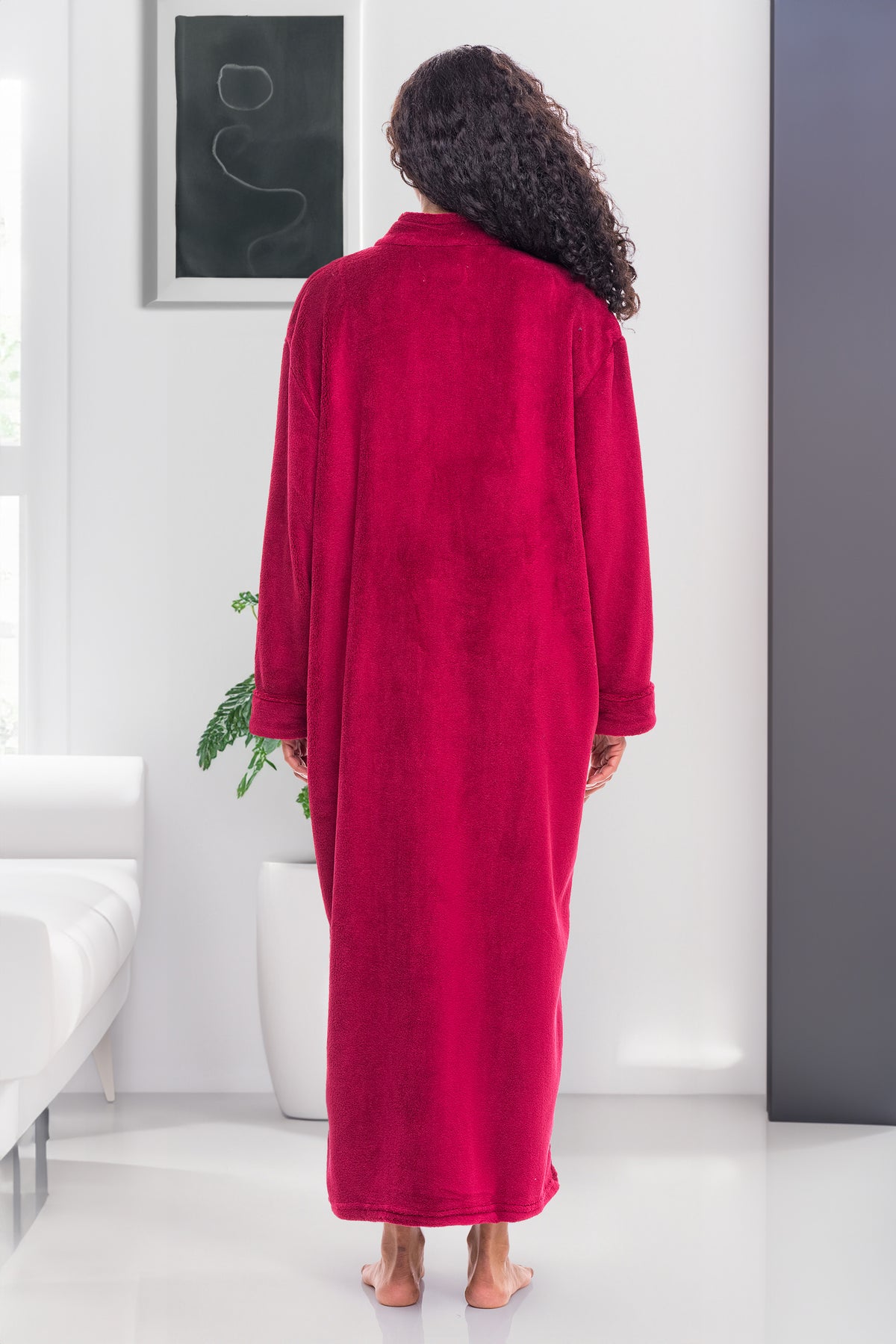 Women's Burgundy Zip Up Plush Robe, Oversized Bathrobe with Two Way Zipper