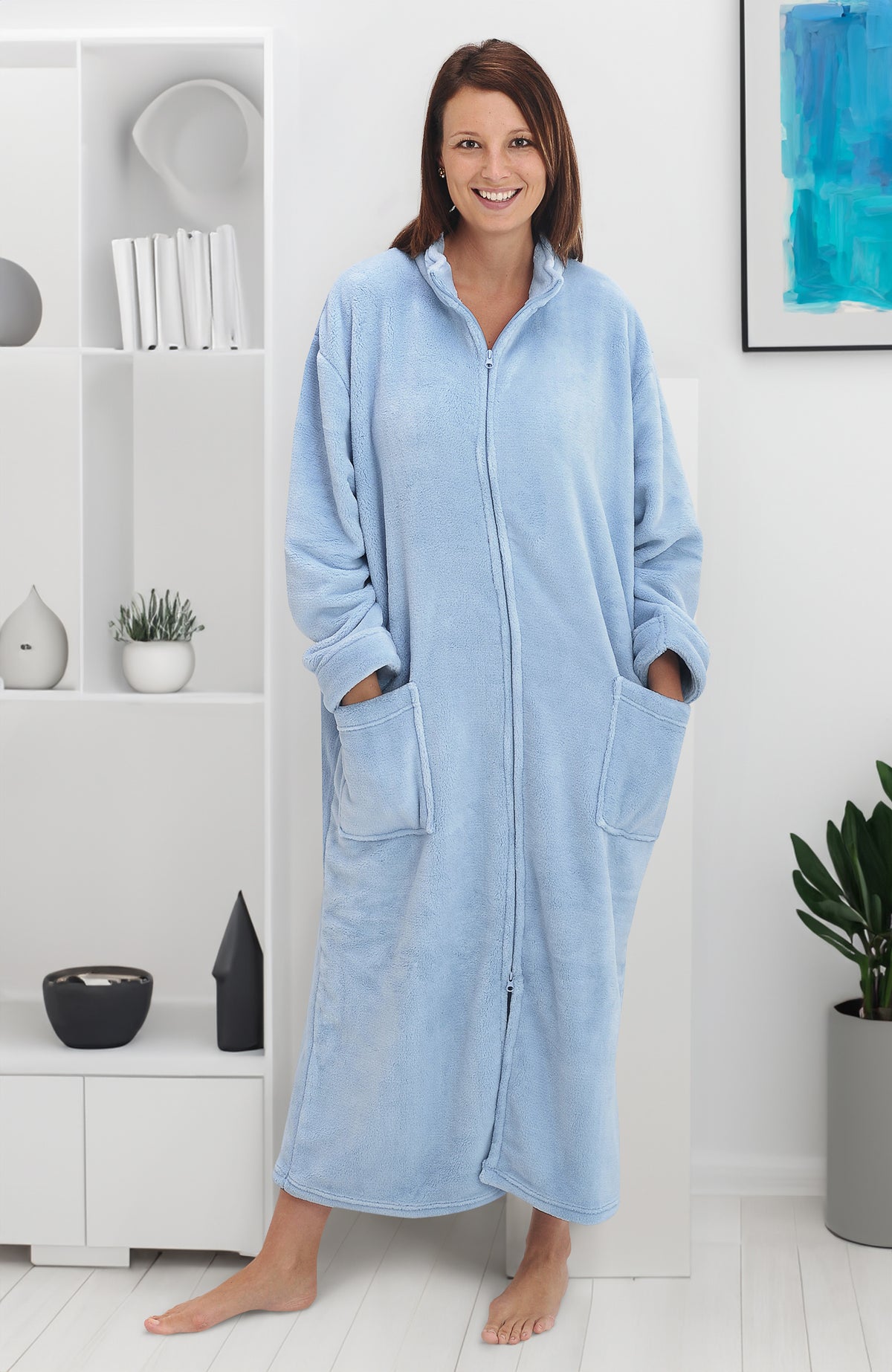 Women's Light Blue Zip Up Plush Robe, Oversized Bathrobe with Two Way Zipper