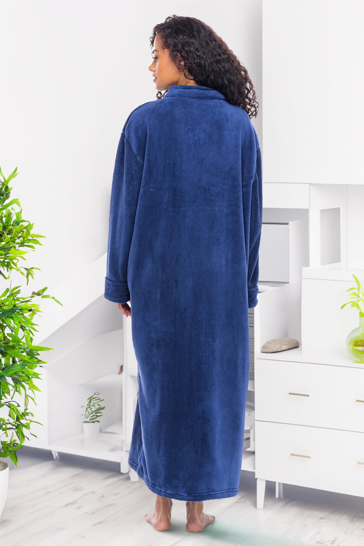 Women's Navy Blue Zip Up Plush Robe, Oversized Bathrobe with Two Way Zipper