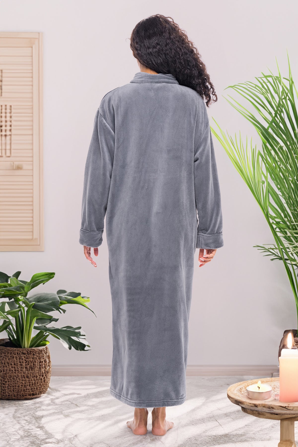 Women's Steel Gray with Cream Zip Up Plush Robe, Oversized Bathrobe with Two Way Zipper