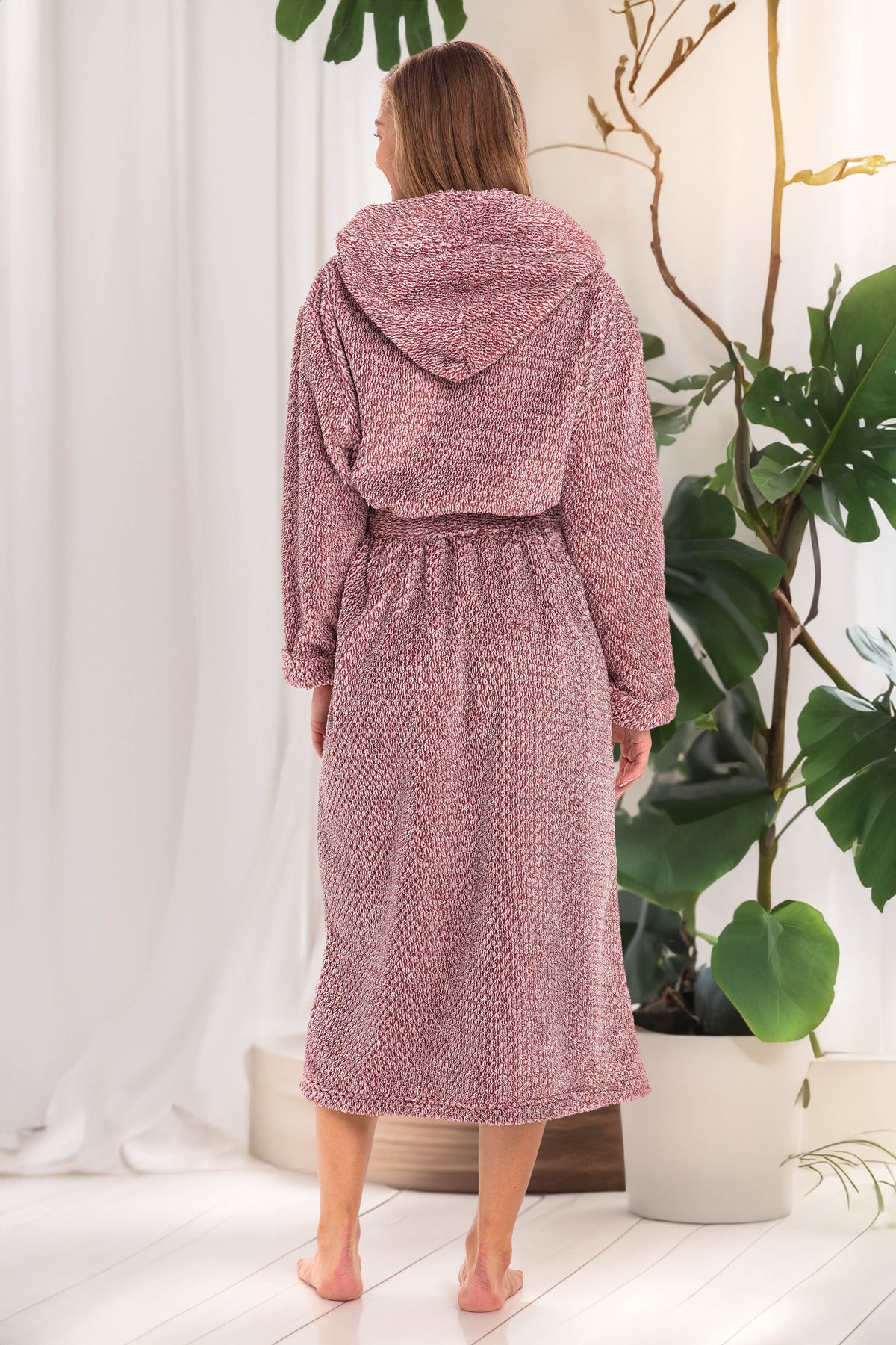 Women's Jacquard Burgundy Plush Fleece Hooded Robe, Shaggy Feather Long Bathrobe