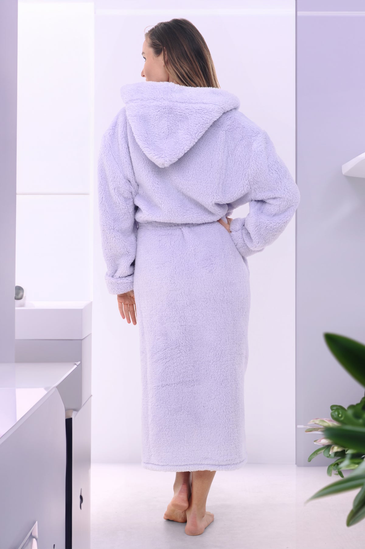 Women's Lavender Plush Fleece Hooded Robe, Shaggy Feather Long Bathrobe