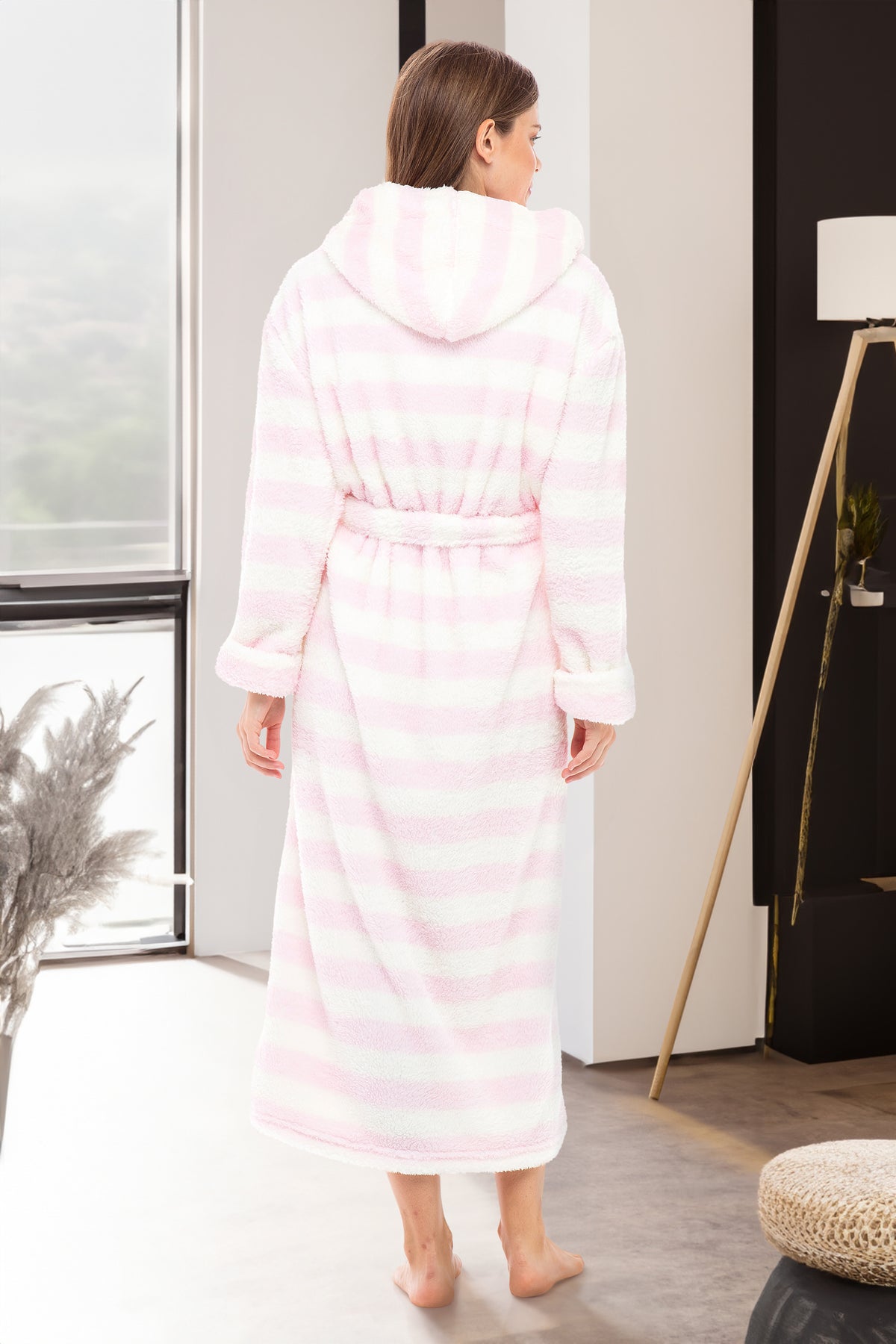 Women's Pastel Stripes Plush Fleece Hooded Robe, Shaggy Feather Long Bathrobe