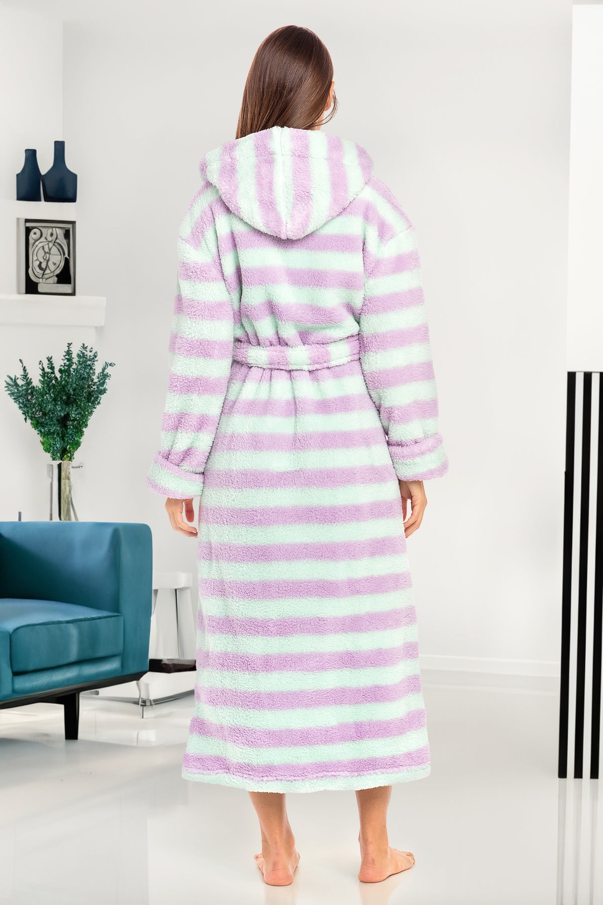 Women's Purple Pastel Stripes Plush Fleece Hooded Robe, Shaggy Feather Long Bathrobe