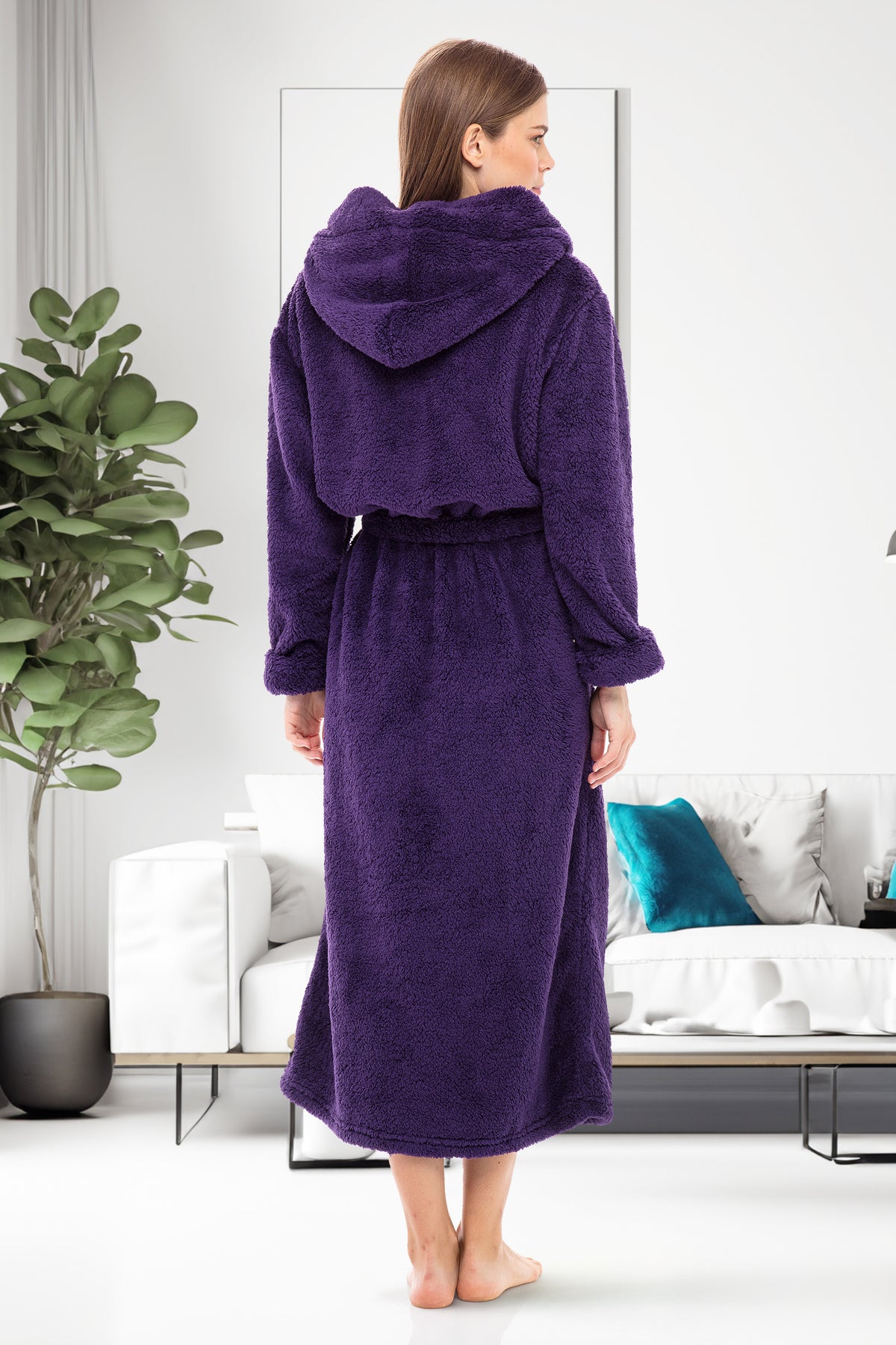 Women's Deep Purple Plush Fleece Hooded Robe, Shaggy Feather Long Bathrobe