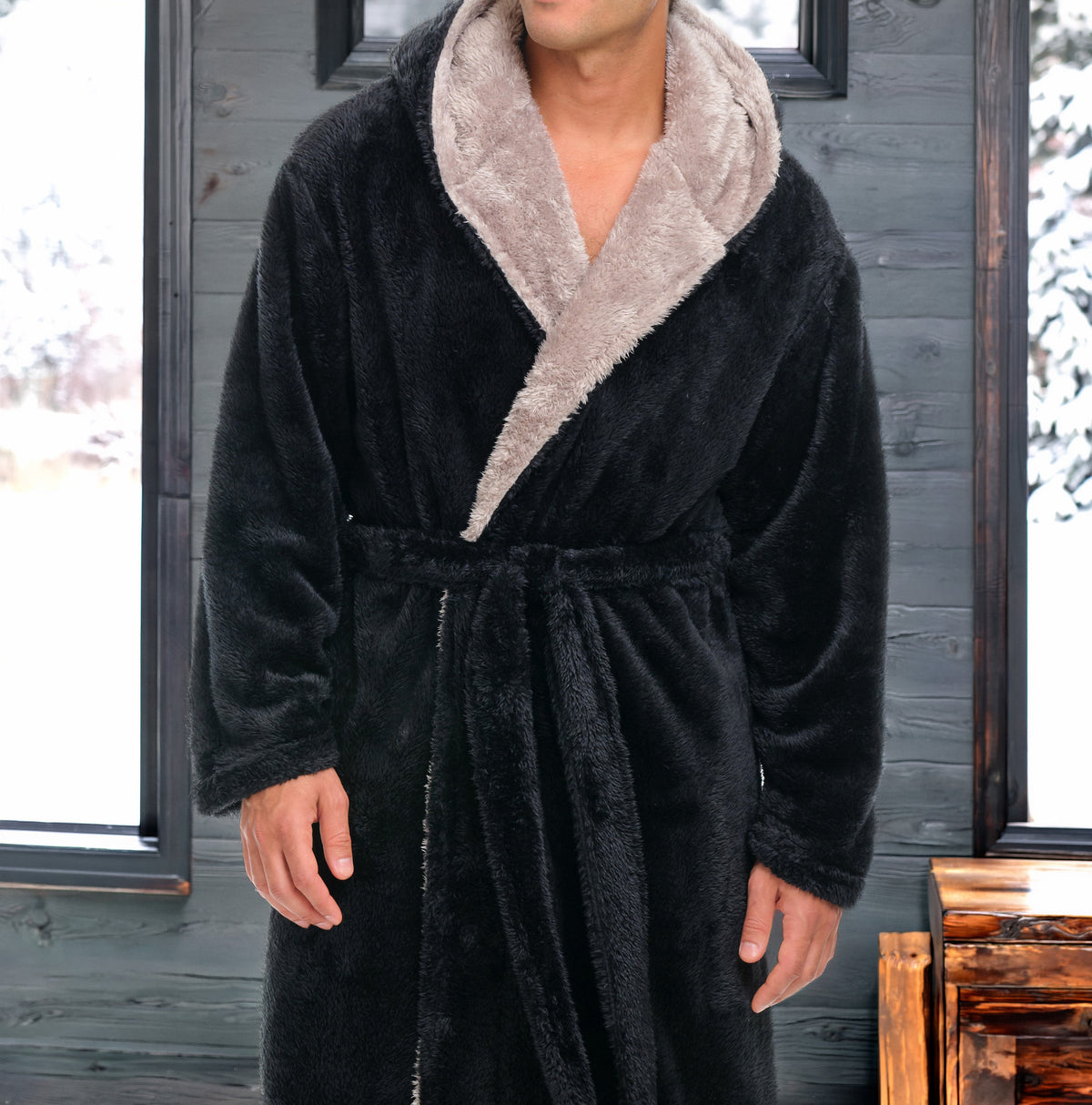 Mens Black Robe, Sherpa Fleece Hooded Bathrobe, Big and Tall Bath Robe for Men