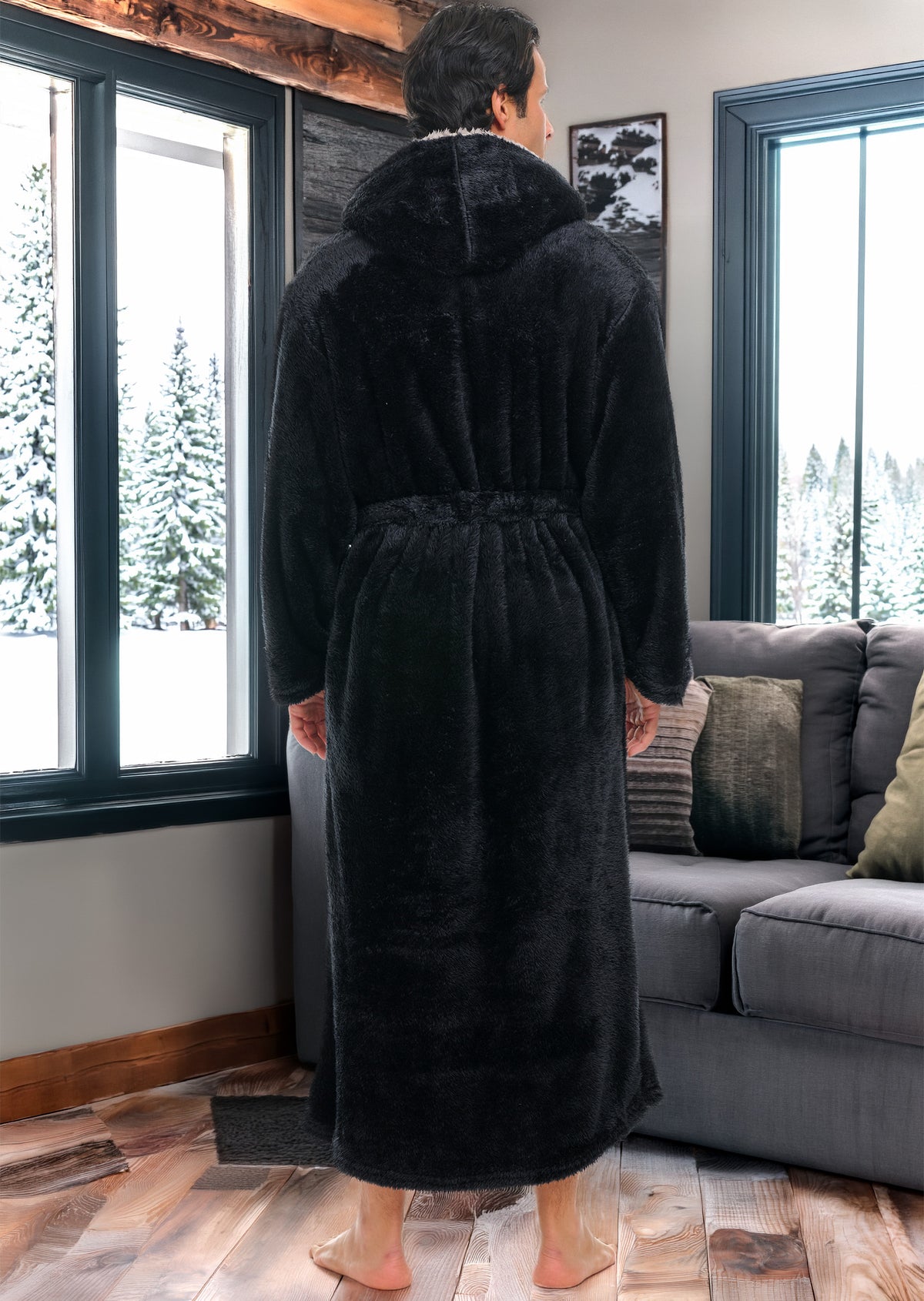 Mens Black Robe, Sherpa Fleece Hooded Bathrobe, Big and Tall Bath Robe for Men