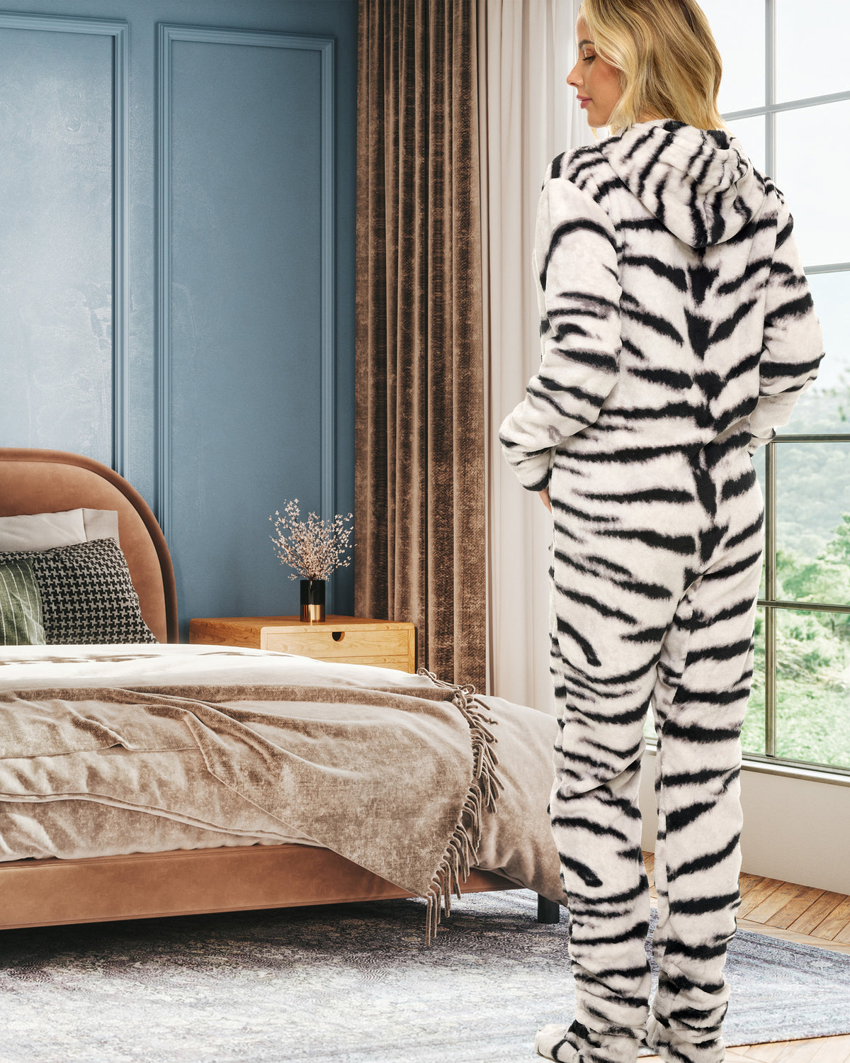 Women's White Tiger Hooded Footed Pajamas, Plush Adult Onesie, Winter PJs with Hood