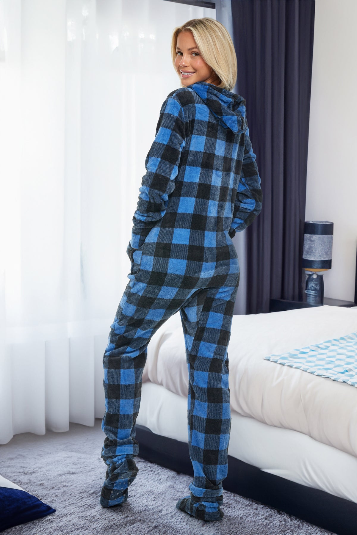 Women's Blue Buffalo Check Plaid Hooded Footed Pajamas, Plush Adult Onesie, Winter PJs with Hood