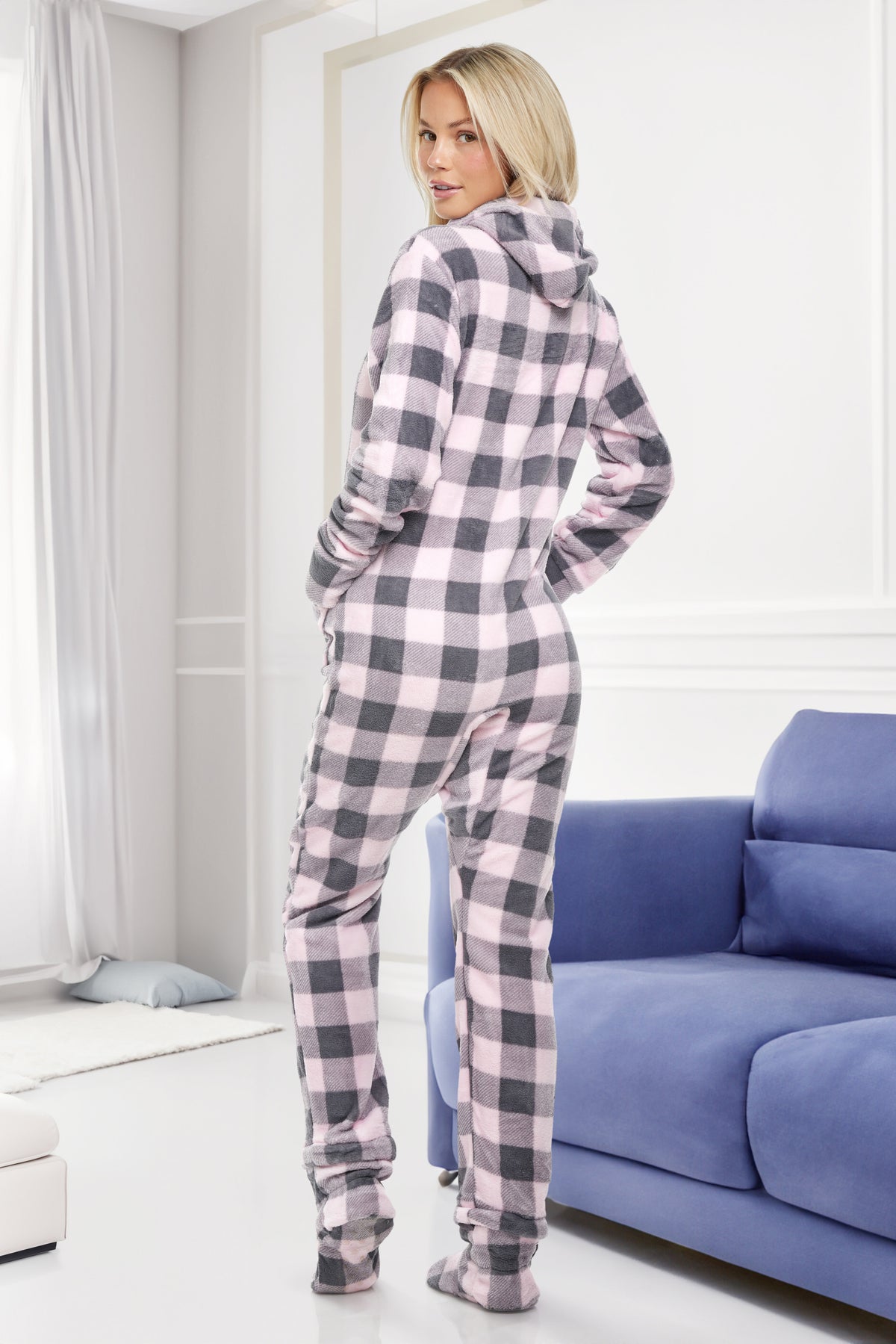 Women's Buffalo Check Plaid Pink Hooded Footed Pajamas, Plush Adult Onesie, Winter PJs with Hood