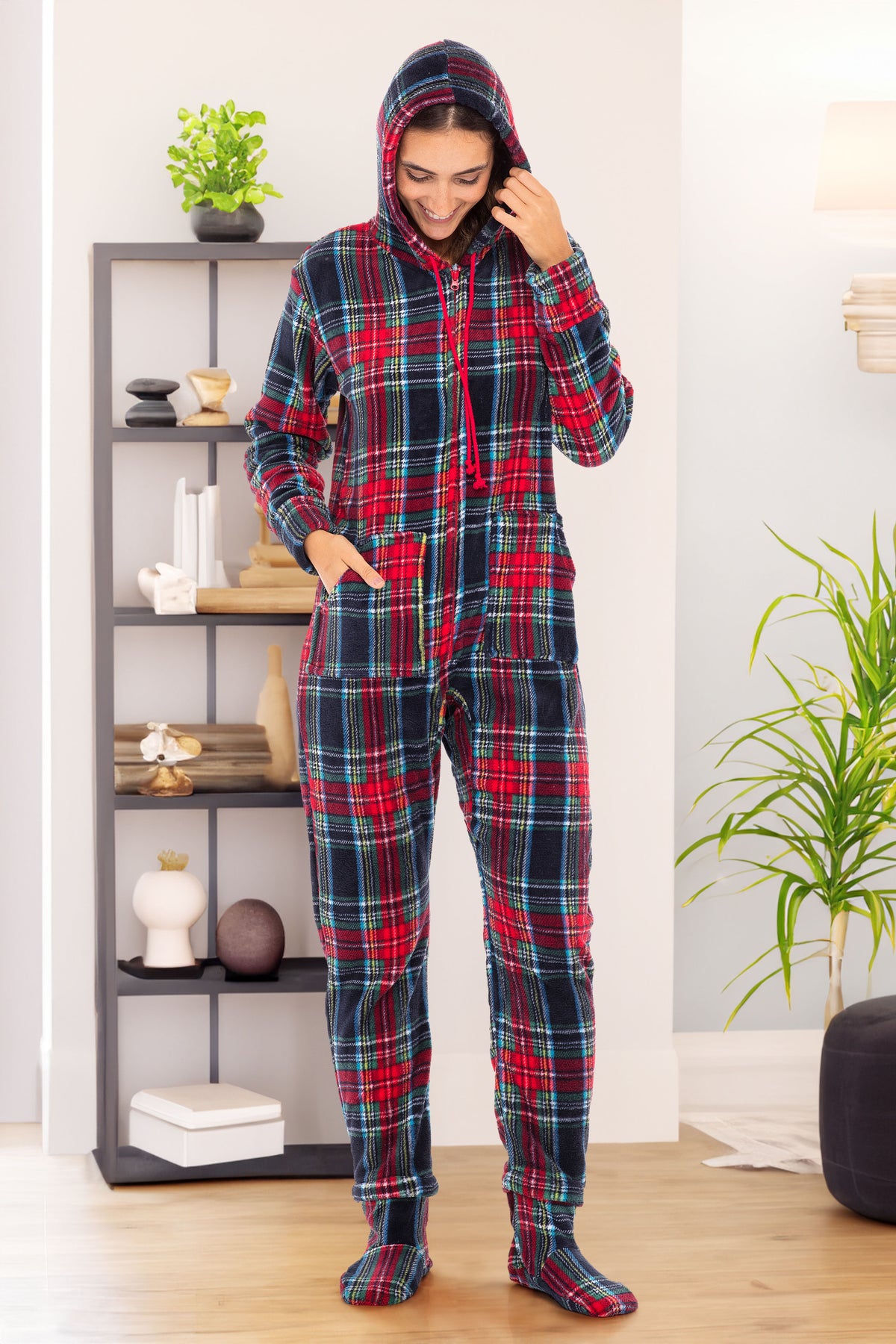 Women's Classic Tartan Plaid Blue Hooded Footed Pajamas, Plush Adult Onesie, Winter PJs with Hood