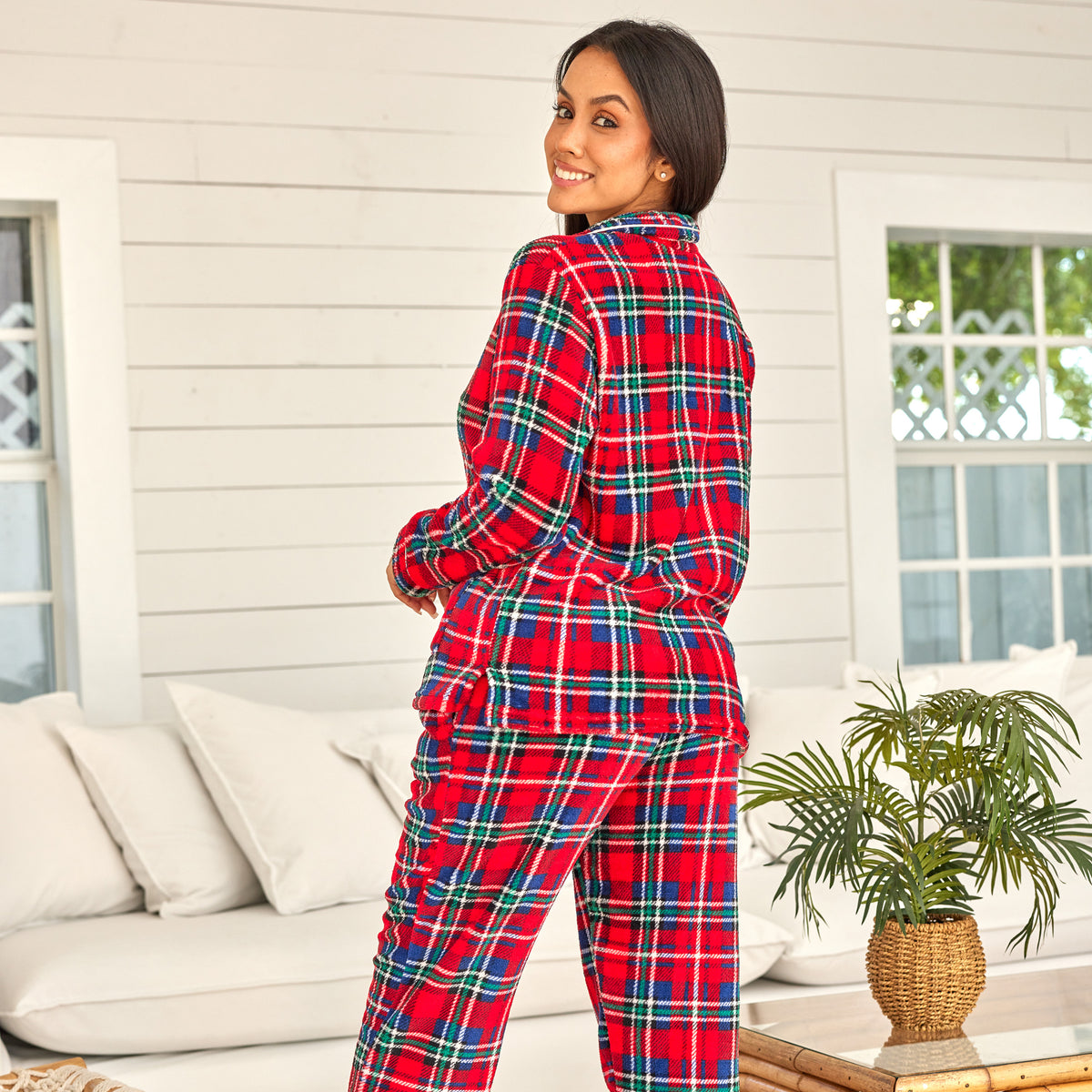 Women's Stewart Tartan Plaid Soft Warm Fleece Pajamas Plush Lounge Set, Long Sleeve Top and Pants, PJ