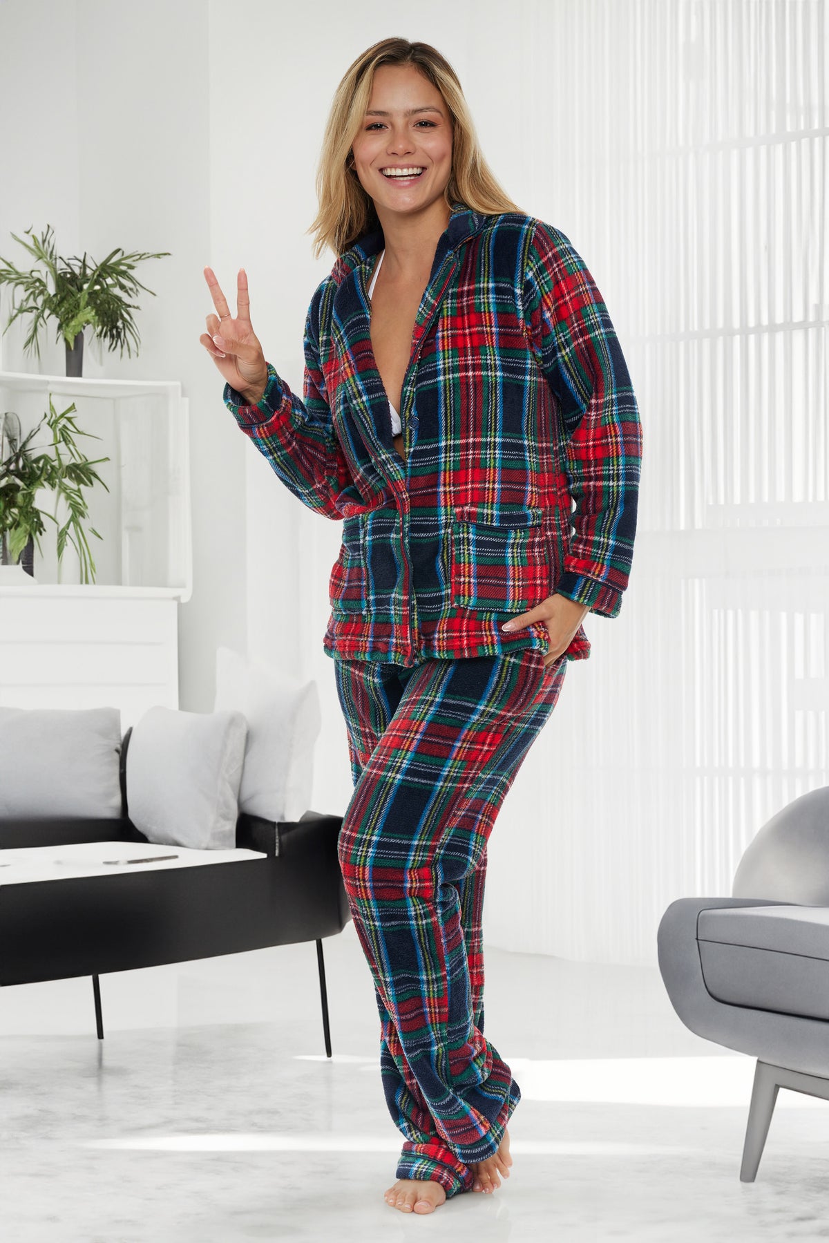 Women's Classic Tartan Plaid Blue Soft Warm Fleece Pajamas Plush Lounge Set, Long Sleeve Top and Pants, PJ