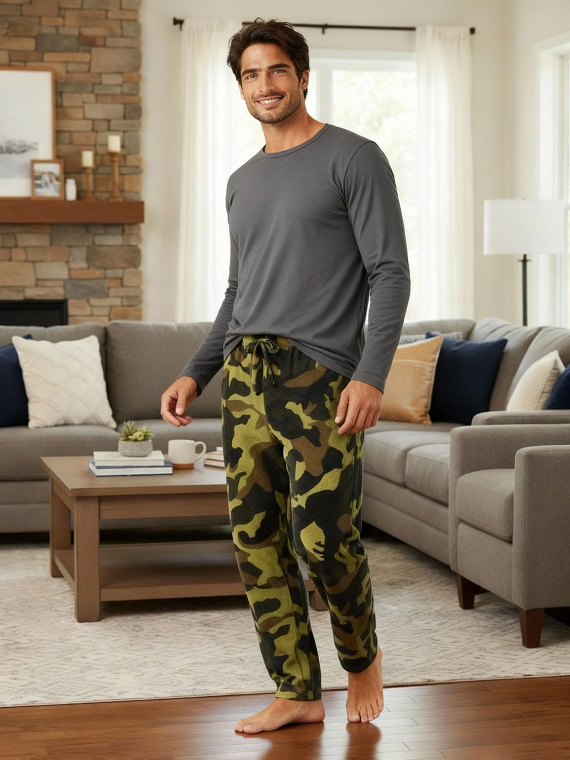 Men's Green Camouflage Soft Plush Fleece Pajama Pants, Warm Long Lounge Bottoms