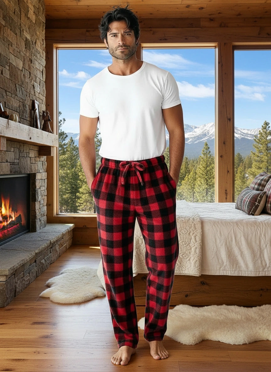 Men's Red Black Buffalo Check Plaid Soft Plush Fleece Pajama Pants, Warm Long Lounge Bottoms