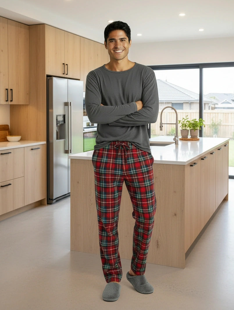 Men's Stewart Tartan Plaid Soft Plush Fleece Pajama Pants, Warm Long Lounge Bottoms