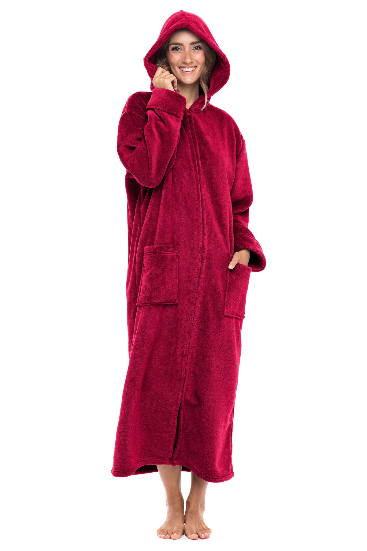 Women's Burgundy Zip Up Fleece Robe with Hood, Oversized Hooded Bathrobe with Two Way Zipper