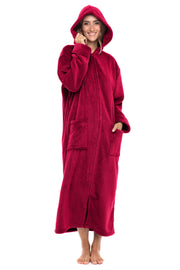 Women's Burgundy Zip Up Fleece Robe with Hood, Oversized Hooded Bathrobe with Two Way Zipper