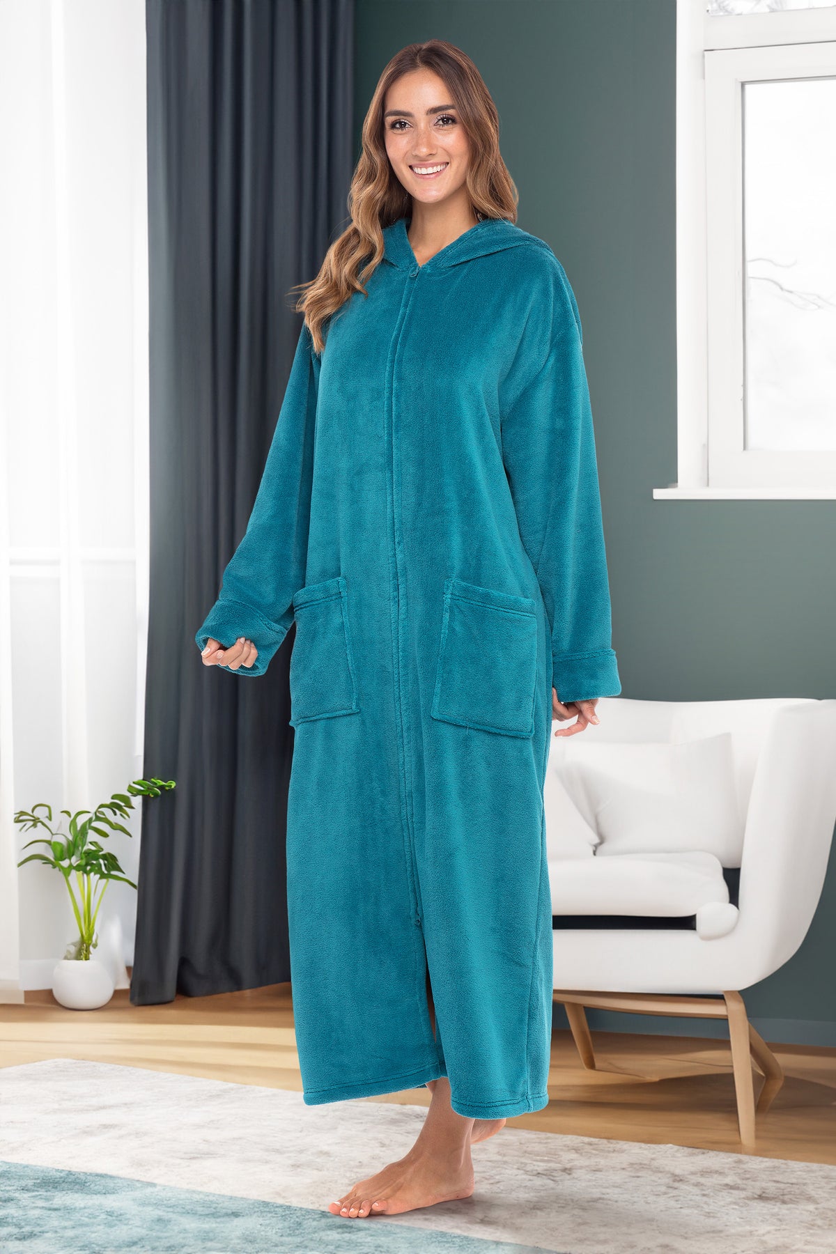 Women's Turquoise Zip Up Fleece Robe with Hood, Oversized Hooded Bathrobe with Two Way Zipper