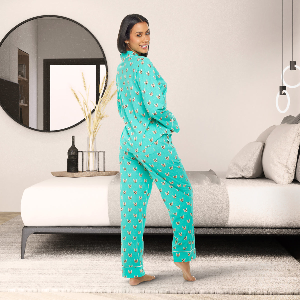 Womens Aqua Cats Long Sleeve Knit Pajamas
