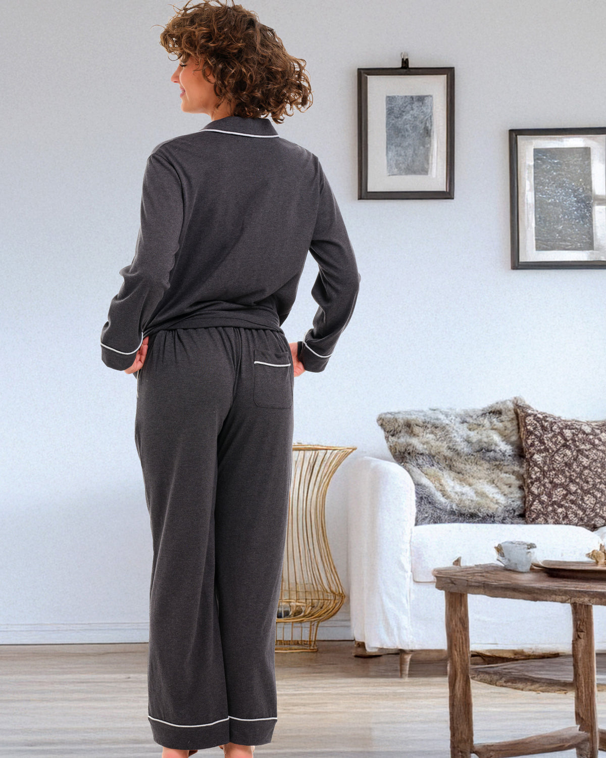 Womens Dark Heathered Gray Long Sleeve Knit Pajamas