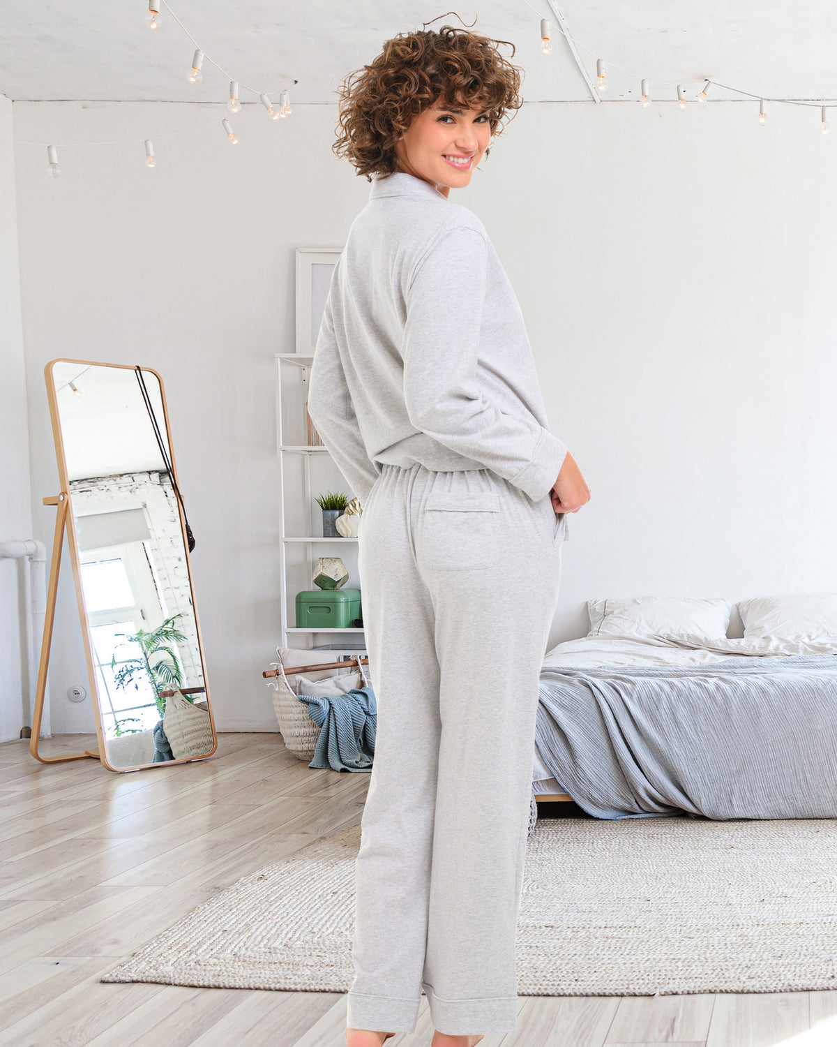 Womens Light Heathered Gray Long Sleeve Knit Pajamas