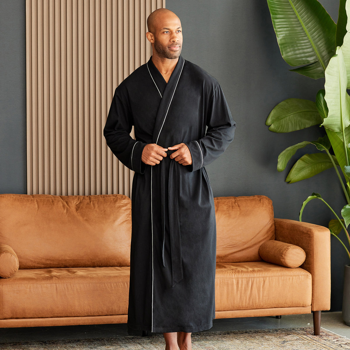 Mens Black - 5 ft 5 in & Taller Long Knit Lounge Robe with Pockets
