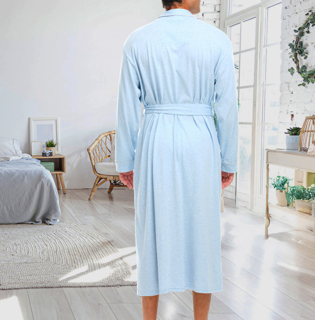 Mens Light Heathered Blue - 5 ft 5 in & Taller Long Knit Lounge Robe with Pockets