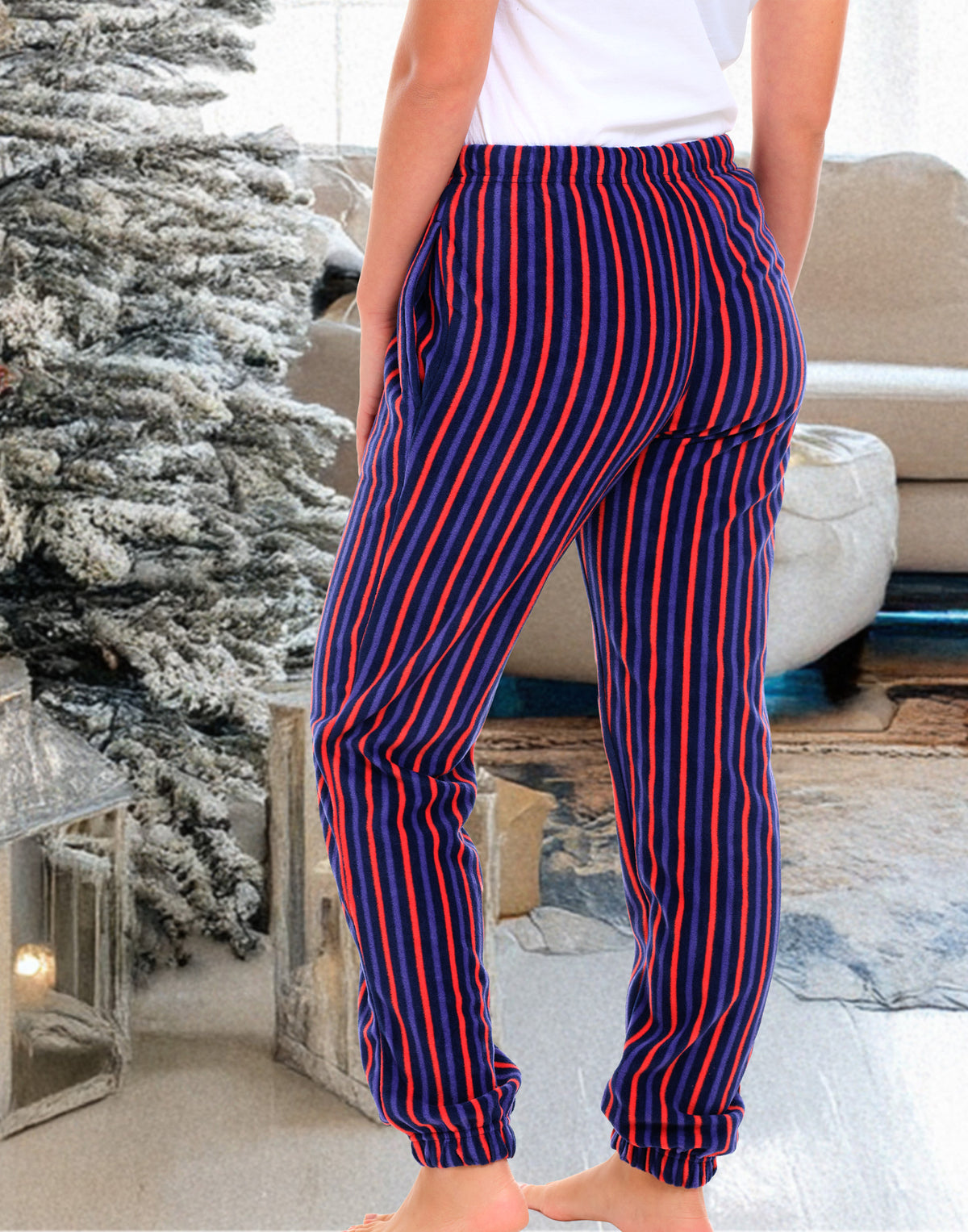 Cranberry Navy Stripe Polar Fleece Pajama Pants for Women, Joggers, Sweatpants, PJ Bottoms