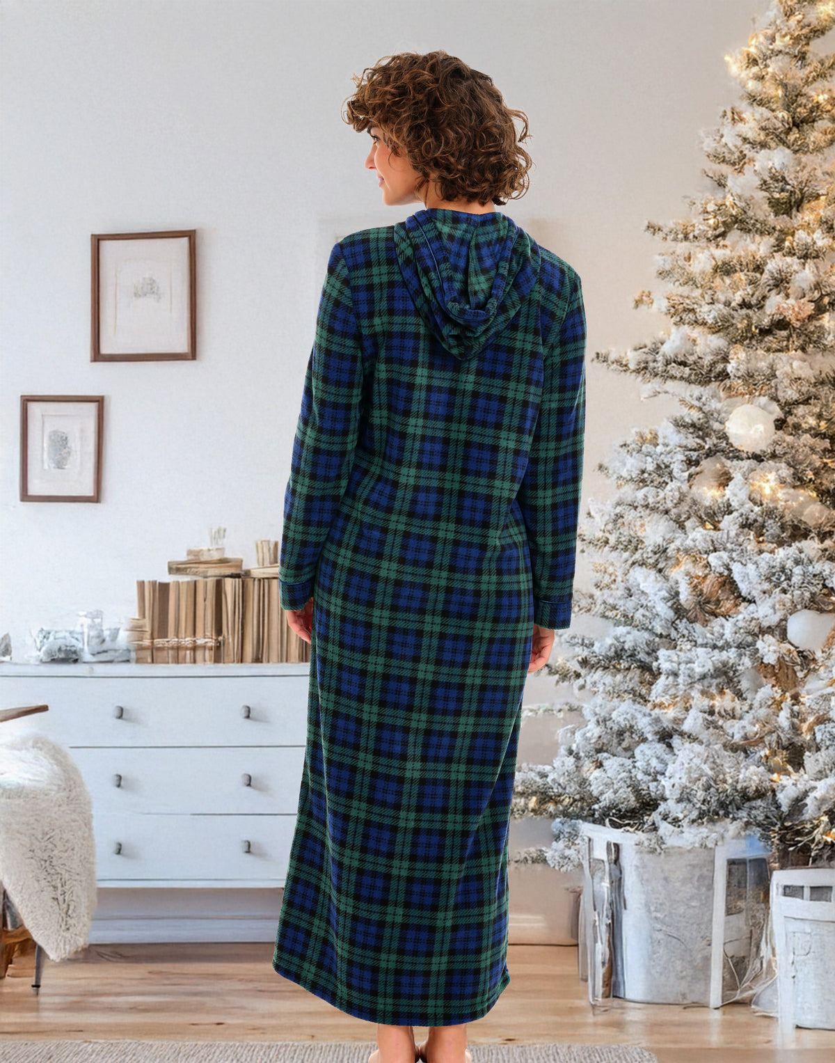 Black Watch Tartan Plaid Fleece Nightgown for Women – Full Length with Zipper & Hood