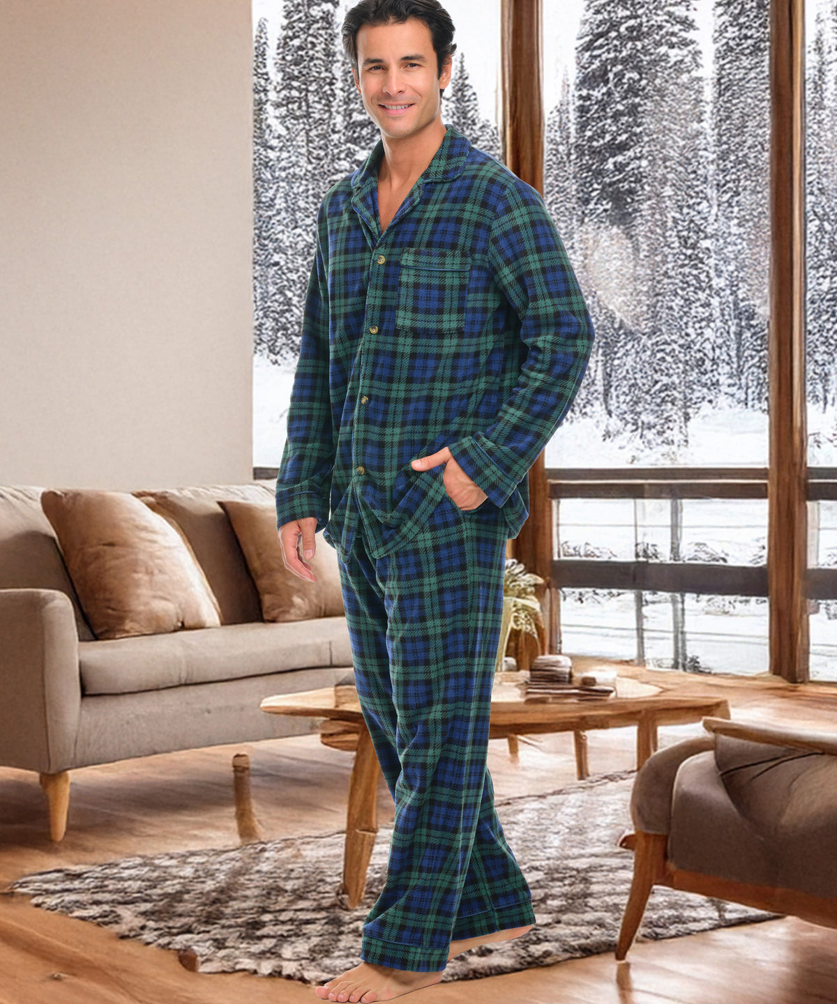 Black Watch Tartan Plaid Lightweight Fleece Pajamas for Men, Long Sleeve Button Up PJ Set with Pockets