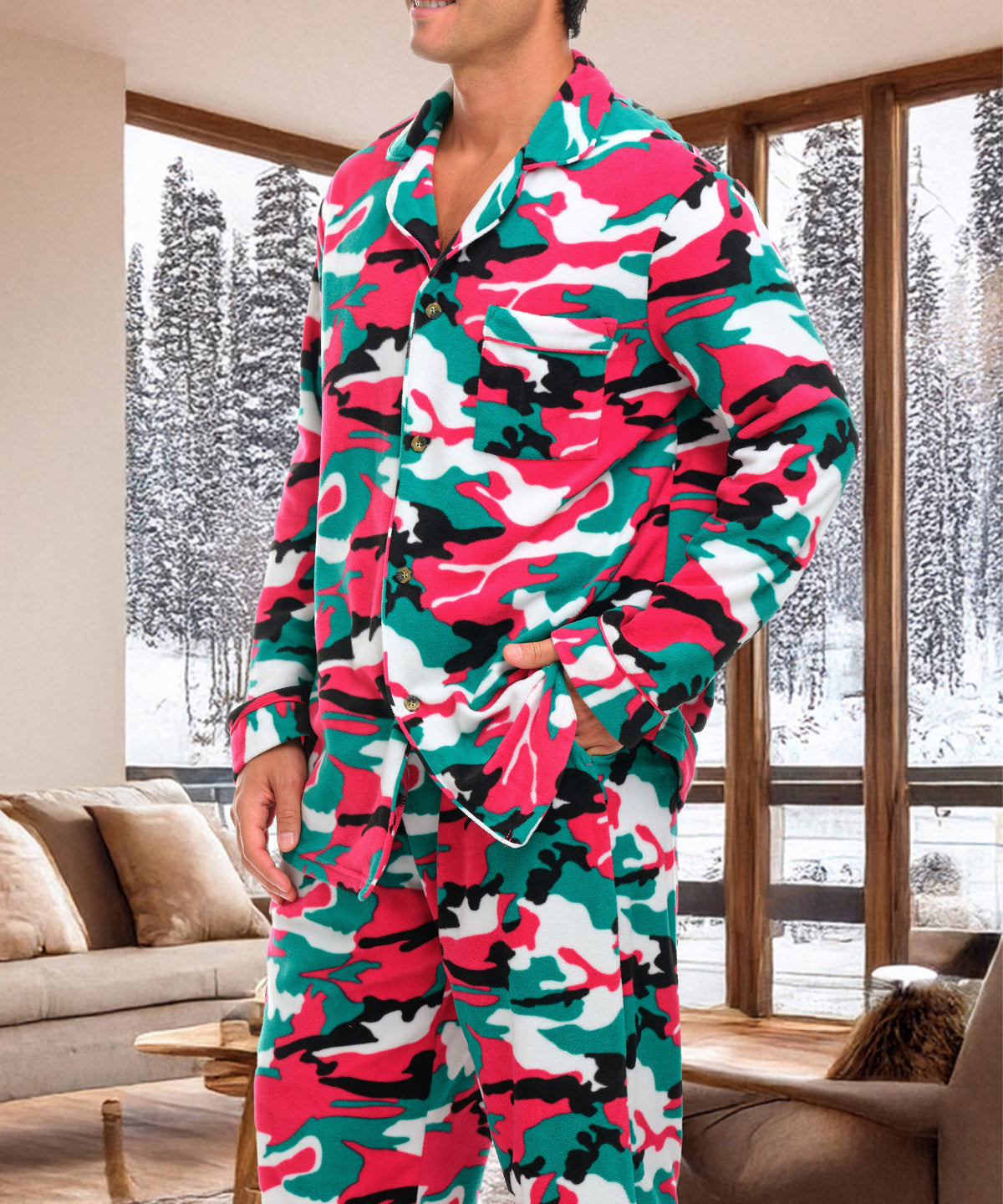 Christmas Camouflage Lightweight Fleece Pajamas for Men, Long Sleeve Button Up PJ Set with Pockets