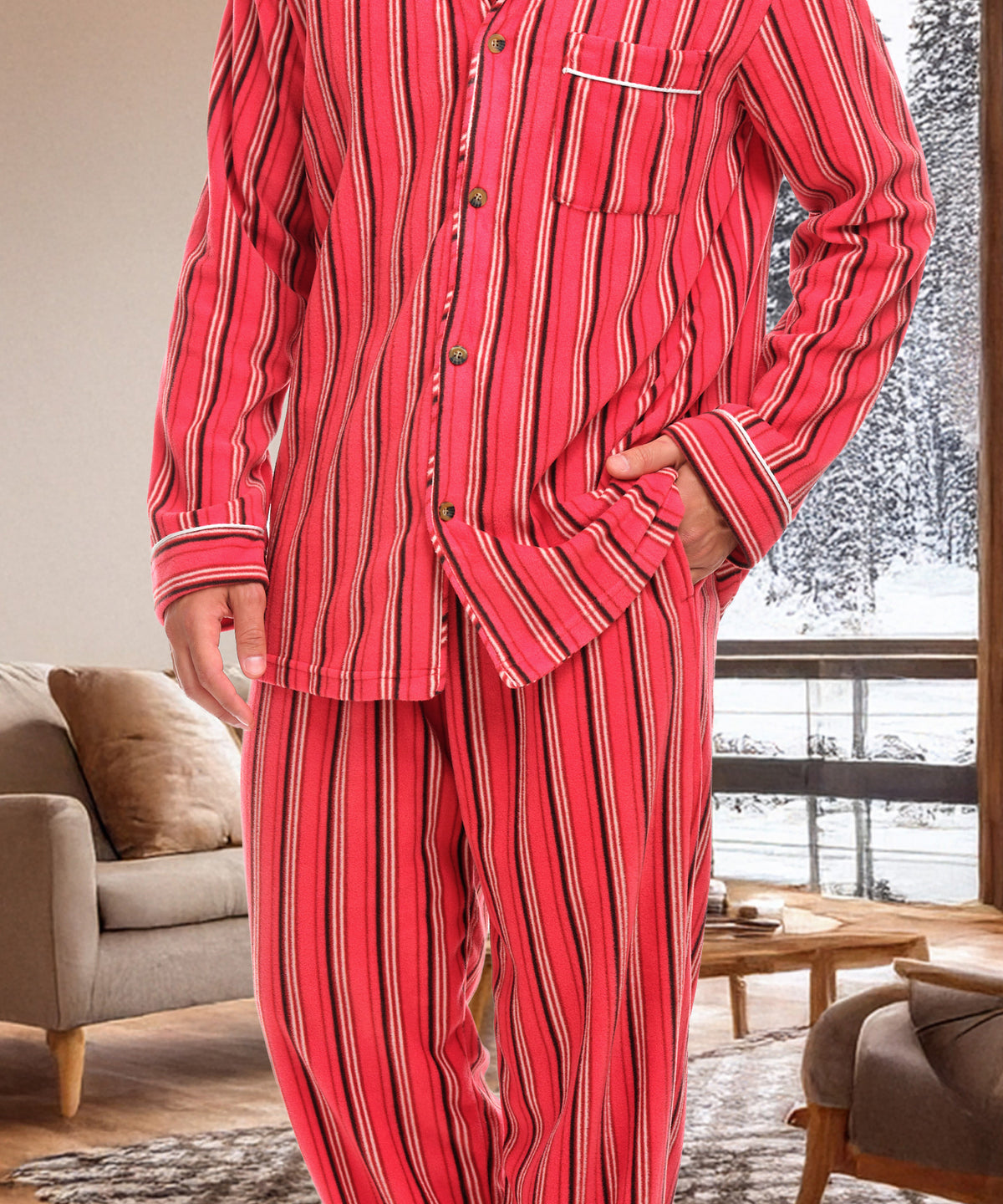 Cabin Stripe Lightweight Fleece Pajamas for Men, Long Sleeve Button Up PJ Set with Pockets