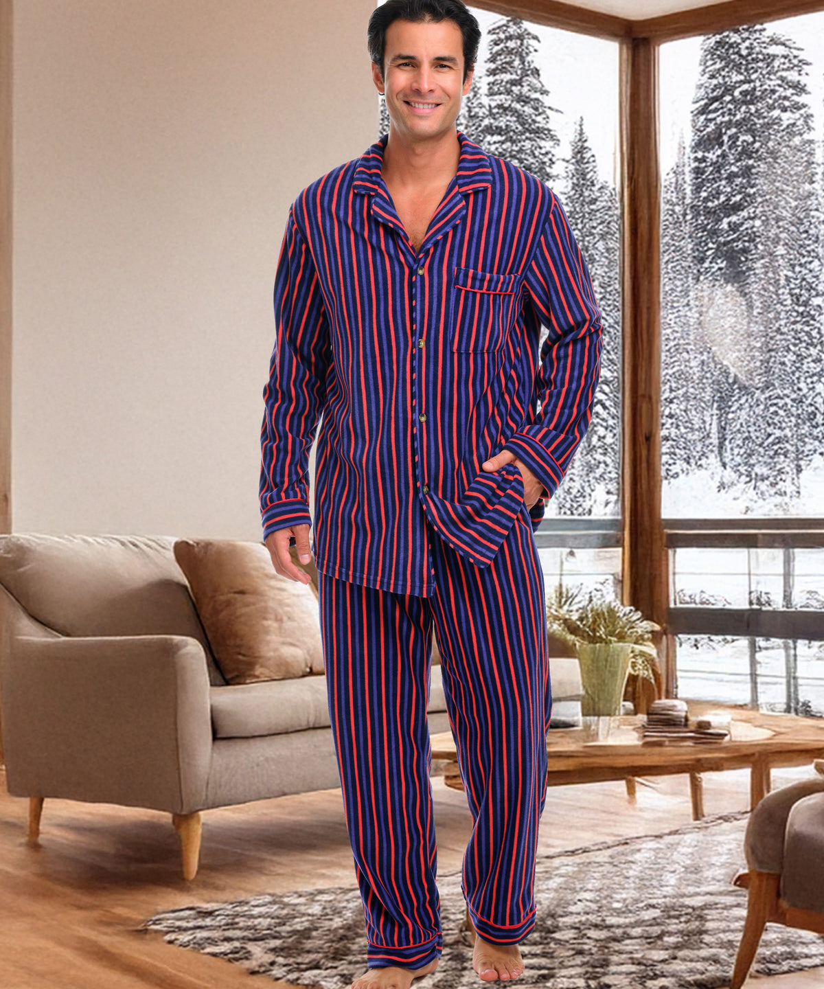 Cranberry Navy Stripe Lightweight Fleece Pajamas for Men, Long Sleeve Button Up PJ Set with Pockets