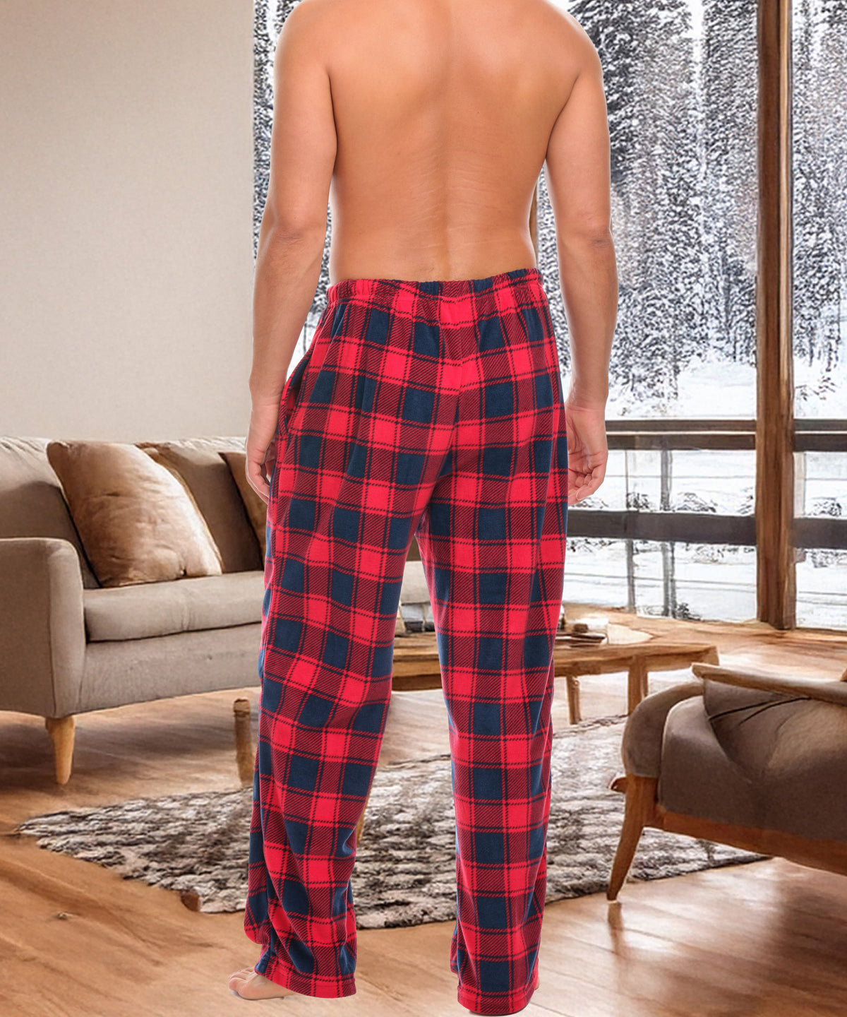 Men's Red and Navy Plaid Soft Polar Fleece Pajama Pants, Sweatpants, Pj Bottoms