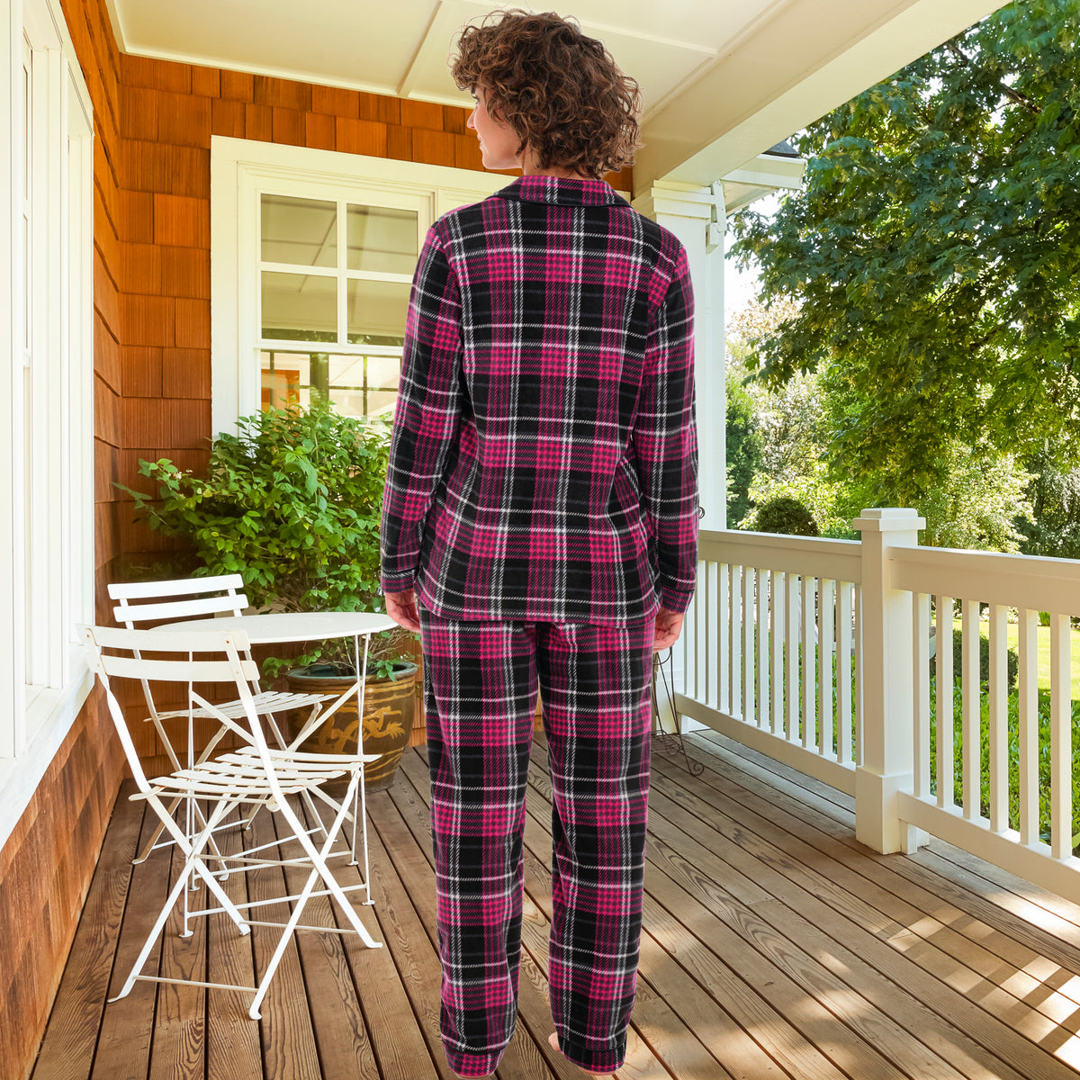 Shadow Rose Plaid Lightweight Fleece Pajamas for Women, Long Sleeve Button Up PJ Set with Pockets