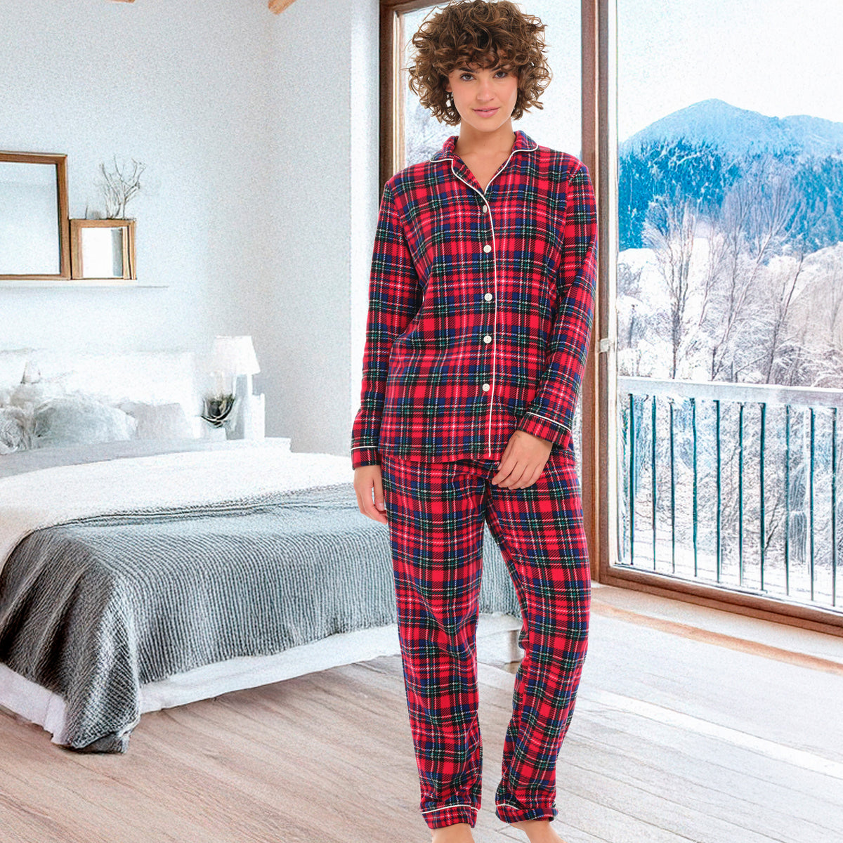 Christmas Plaid Lightweight Fleece Pajamas for Women, Long Sleeve Button Up PJ Set with Pockets