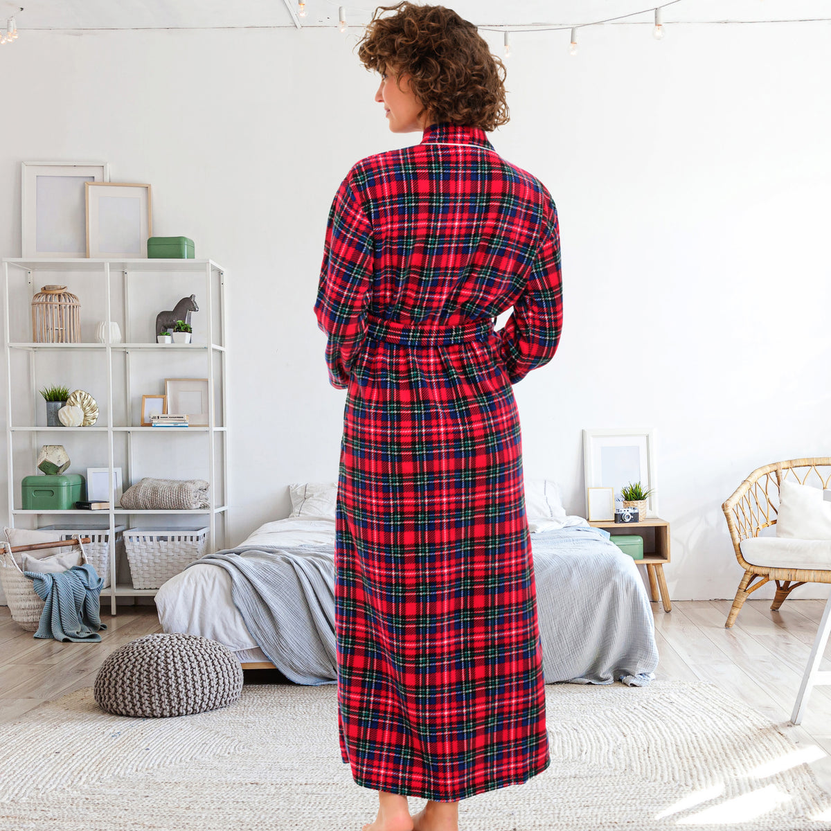 Women's Christmas Plaid Lightweight Fleece Robe – Long Sleeve, Calf Length with Pockets