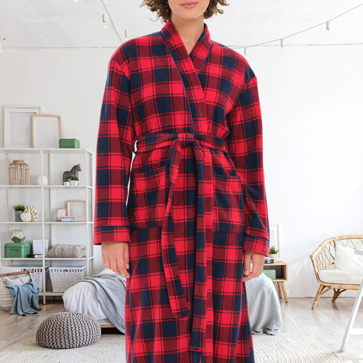 Women's Red and Navy Plaid Lightweight Fleece Robe – Long Sleeve, Calf Length with Pockets