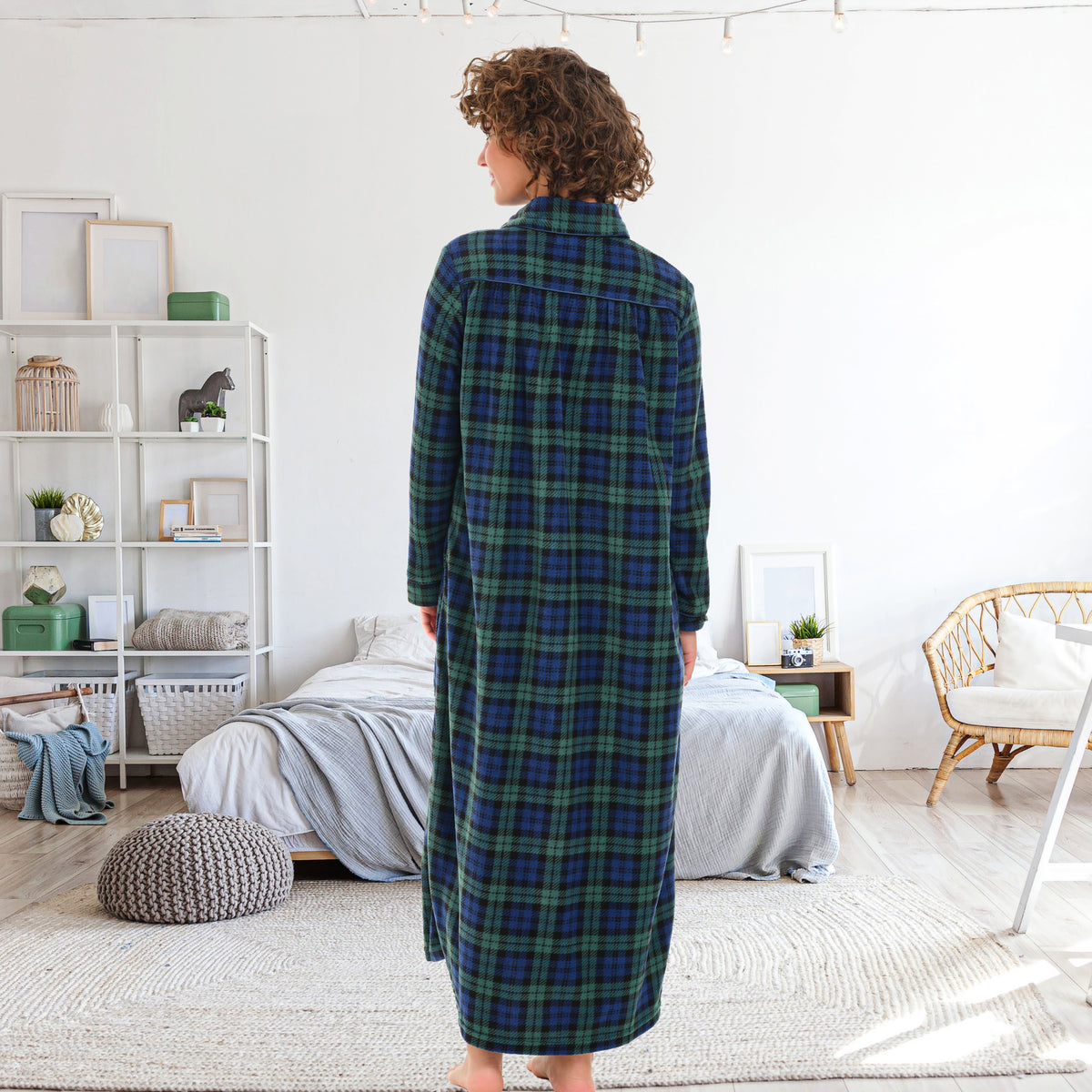 Women's Black Watch Tartan Plaid Polar Fleece Nightgown, Long Button Up Sleep Shirt