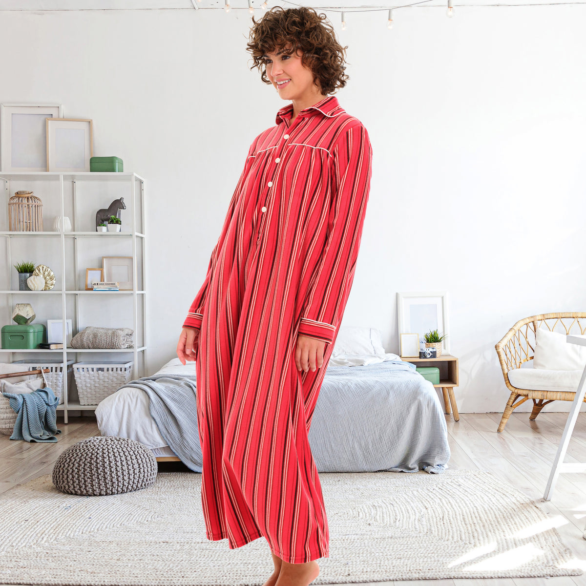 Women's Cabin Stripe Polar Fleece Nightgown, Long Button Up Sleep Shirt