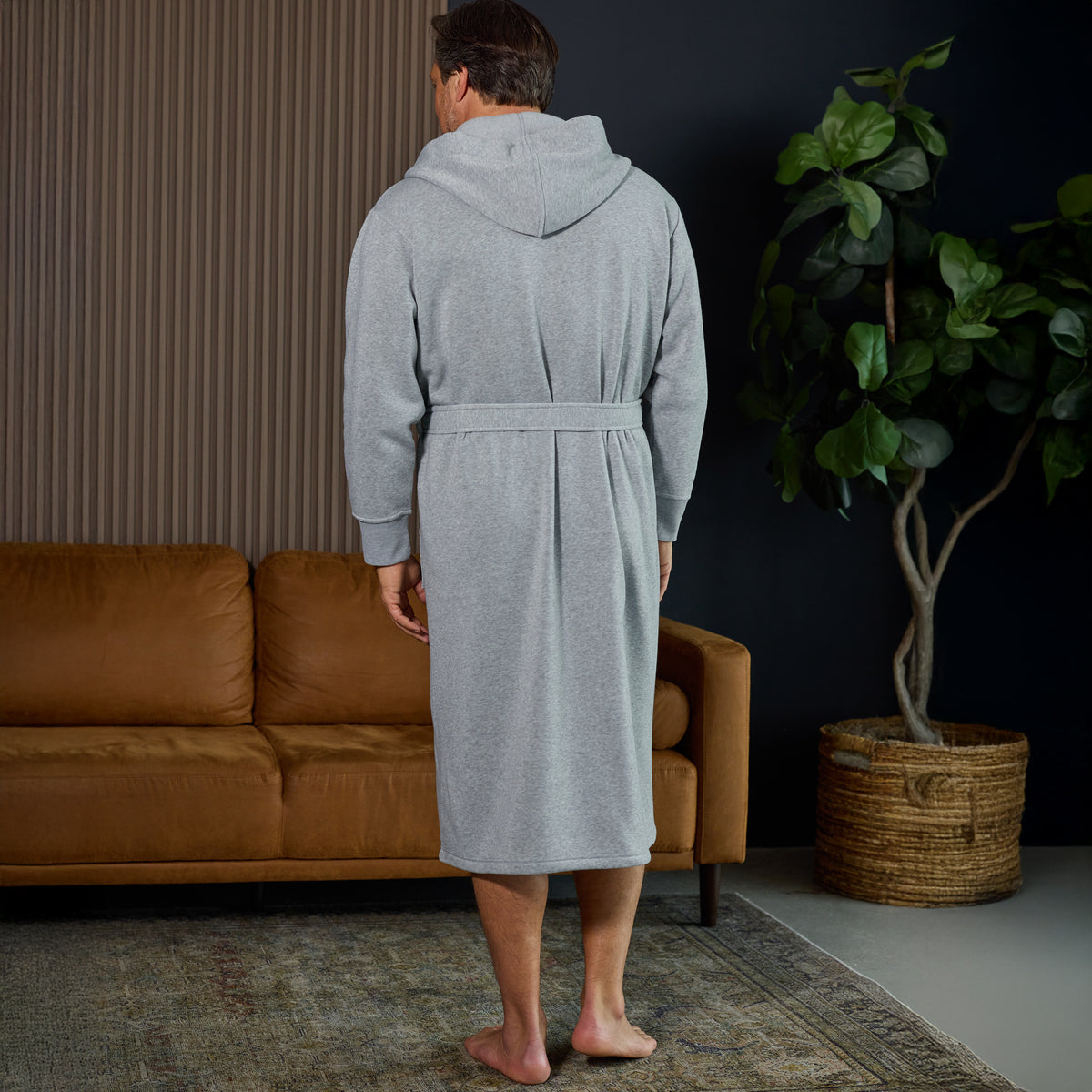 Men's Light Heathered Gray Classic Hooded Sweatshirt Robe, Winter Bathrobe - Light Heathered Gray - lifestyle