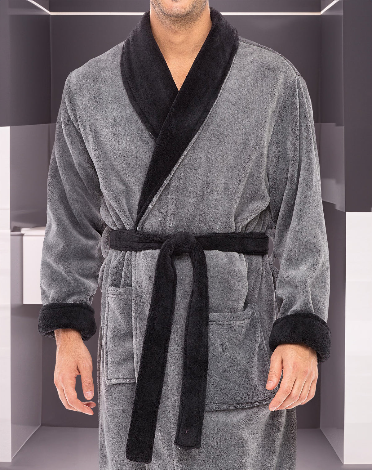 Men's Steel Gray with Black Classic Winter Robe, Plush Fleece Bathrobe