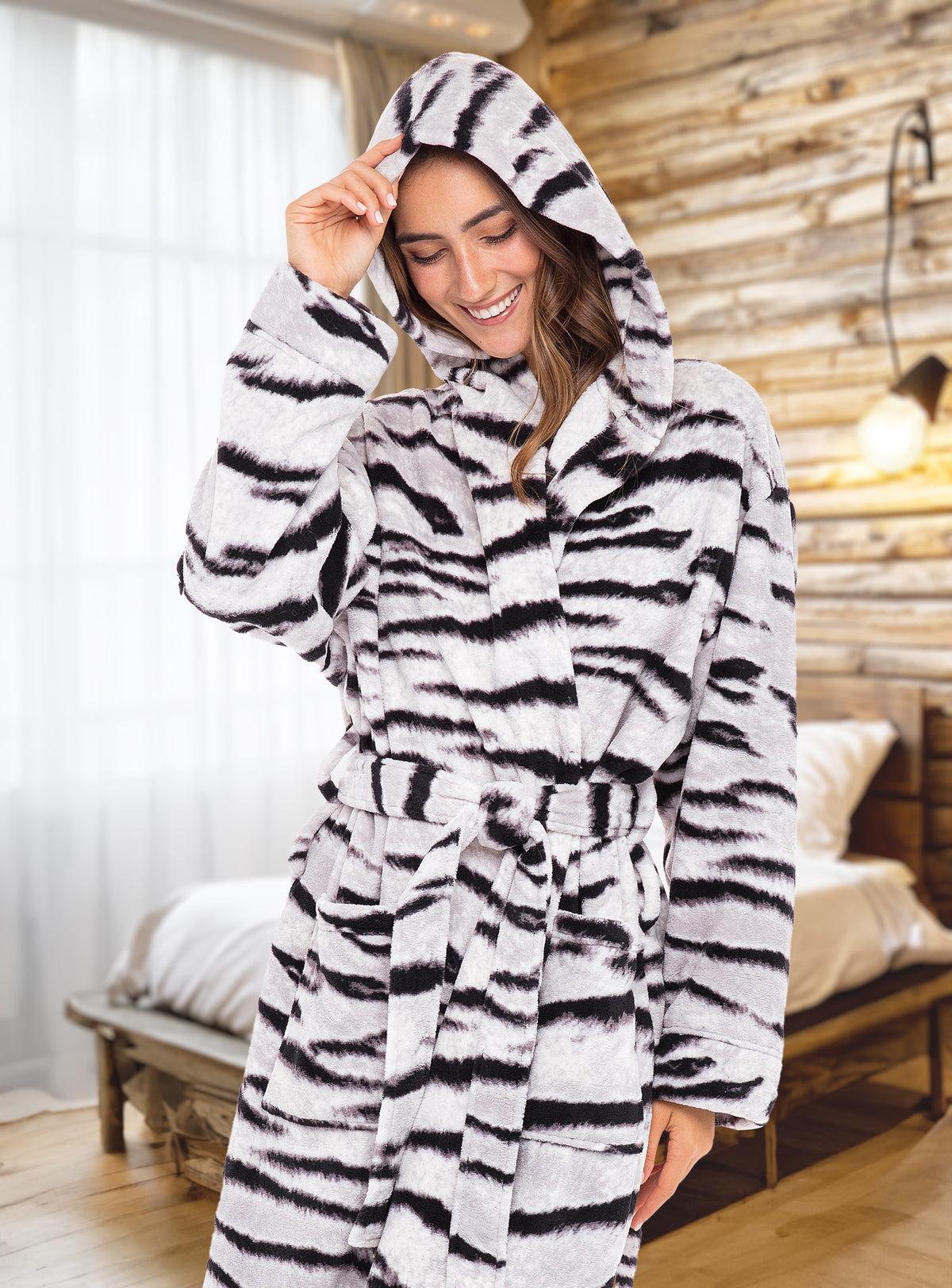 White Tiger Plush Fleece Robe for Women, Long Hooded Bathrobe with Hood, Plus Size