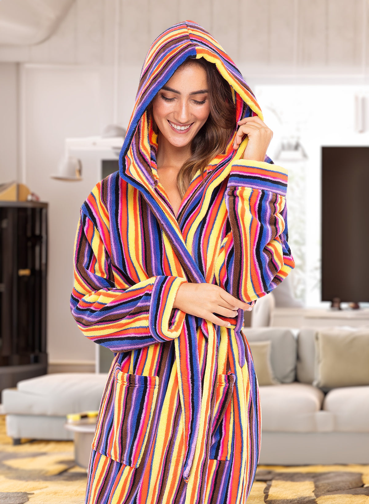 Candy Striped Plush Fleece Robe for Women, Long Hooded Bathrobe with Hood, Plus Size