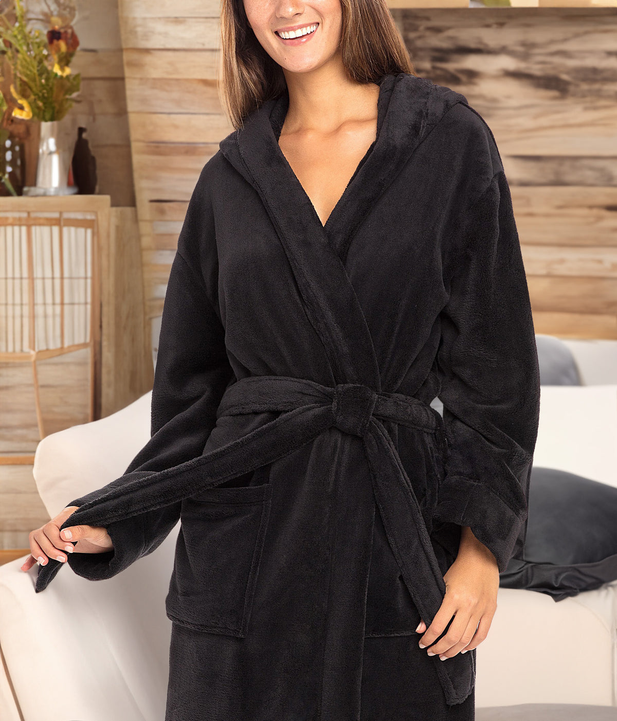 Black Plush Fleece Robe for Women, Long Hooded Bathrobe with Hood, Plus Size