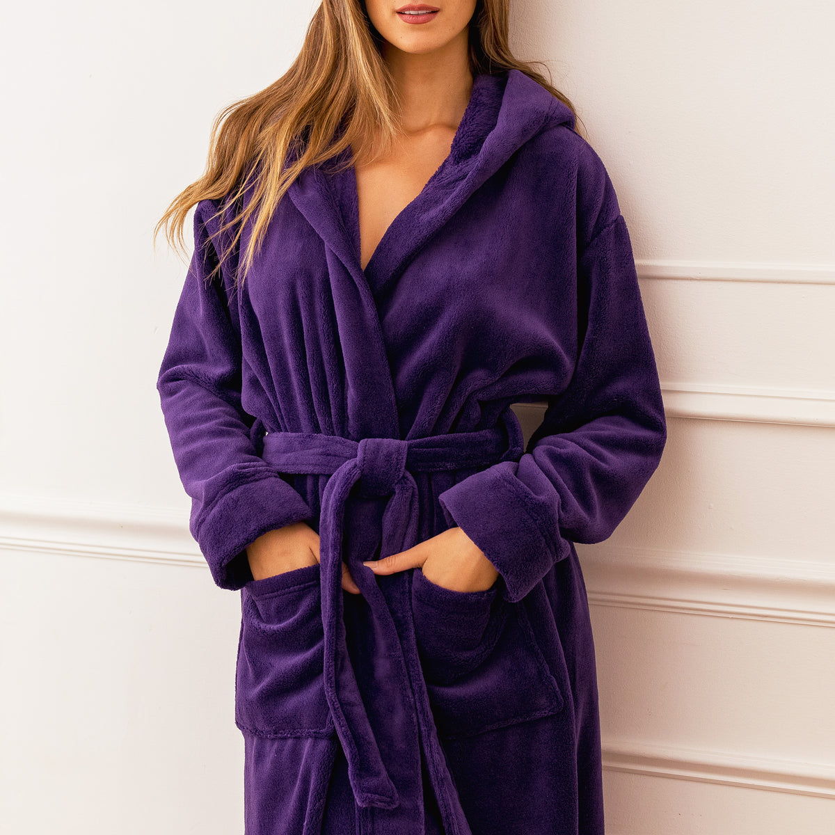 Purple Plush Fleece Robe for Women, Long Hooded Bathrobe with Hood, Plus Size