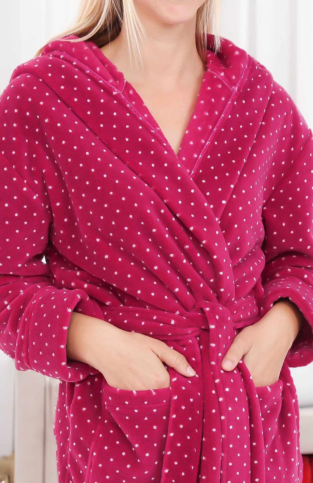 Pink Red with White Polka Dots Plush Fleece Robe for Women, Long Hooded Bathrobe with Hood, Plus Size