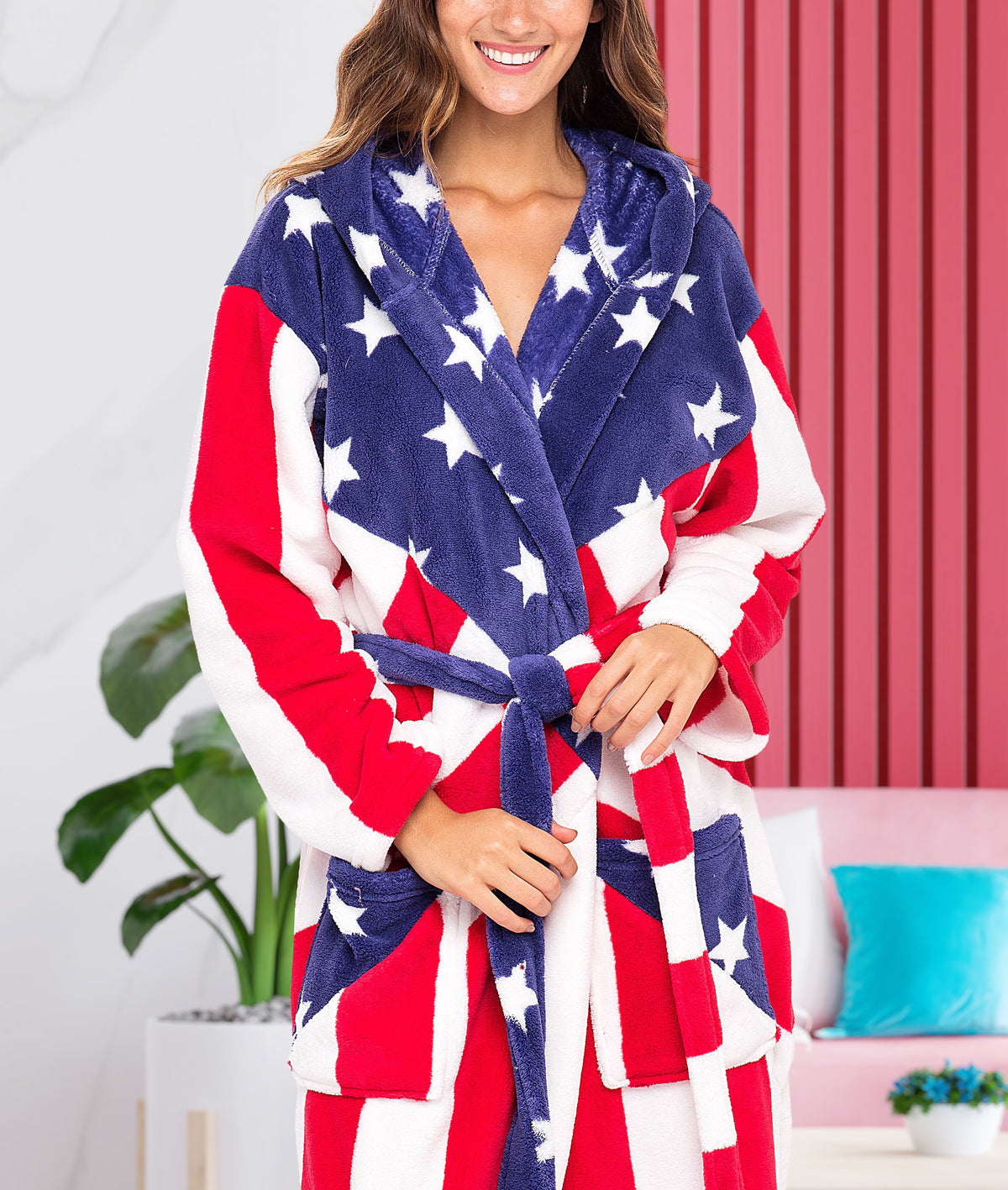 American Flag Classic Plush Fleece Robe for Women, Long Hooded Bathrobe with Hood, Plus Size