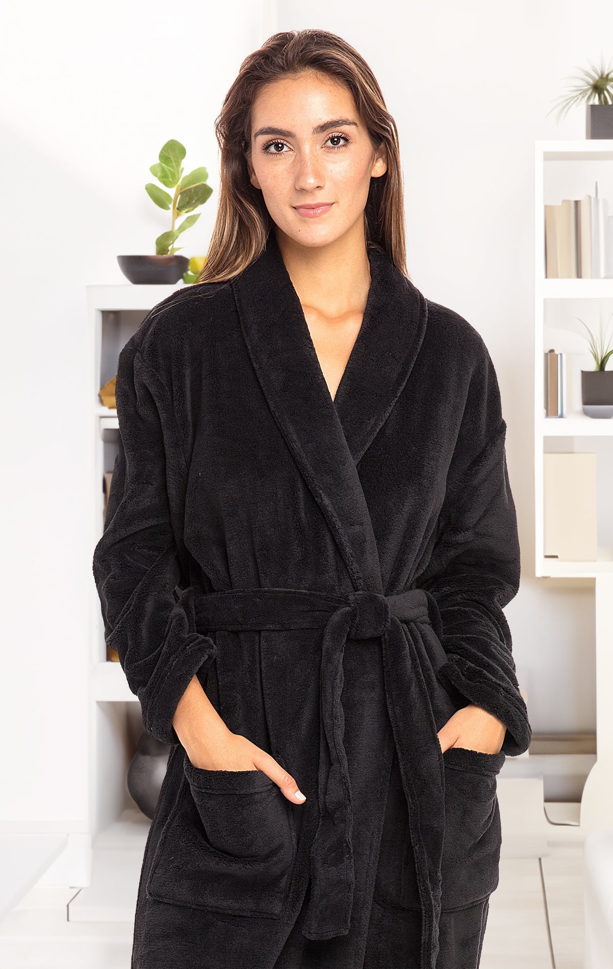 Black Plush Striped Robe for Women, Long Fleece Plaid Winter Bath Robe, Plus Size